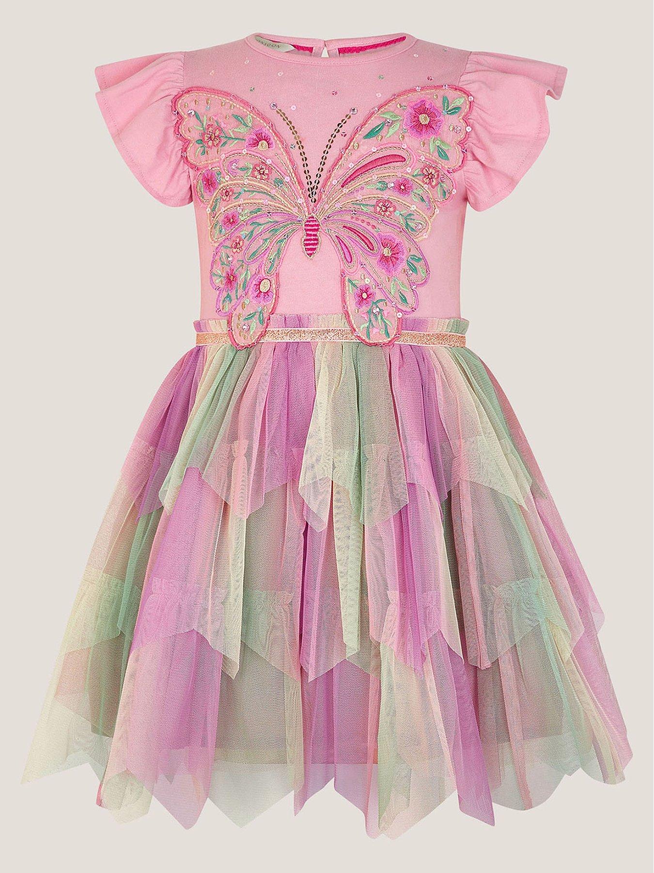 Image 2 of 4 of Monsoon Girls Butterfly Embroidered Disco Dress - Pink