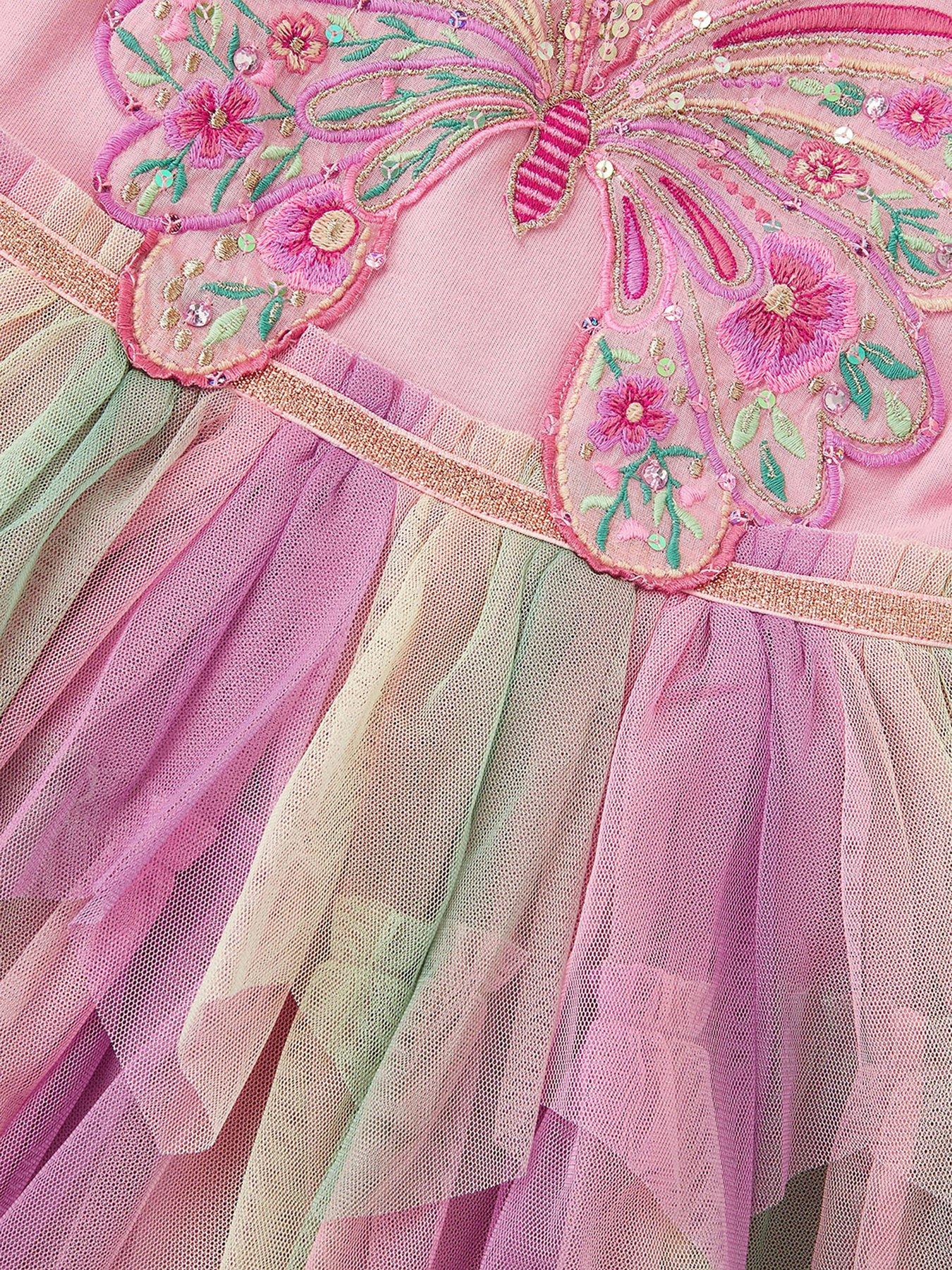 Image 4 of 4 of Monsoon Girls Butterfly Embroidered Disco Dress - Pink