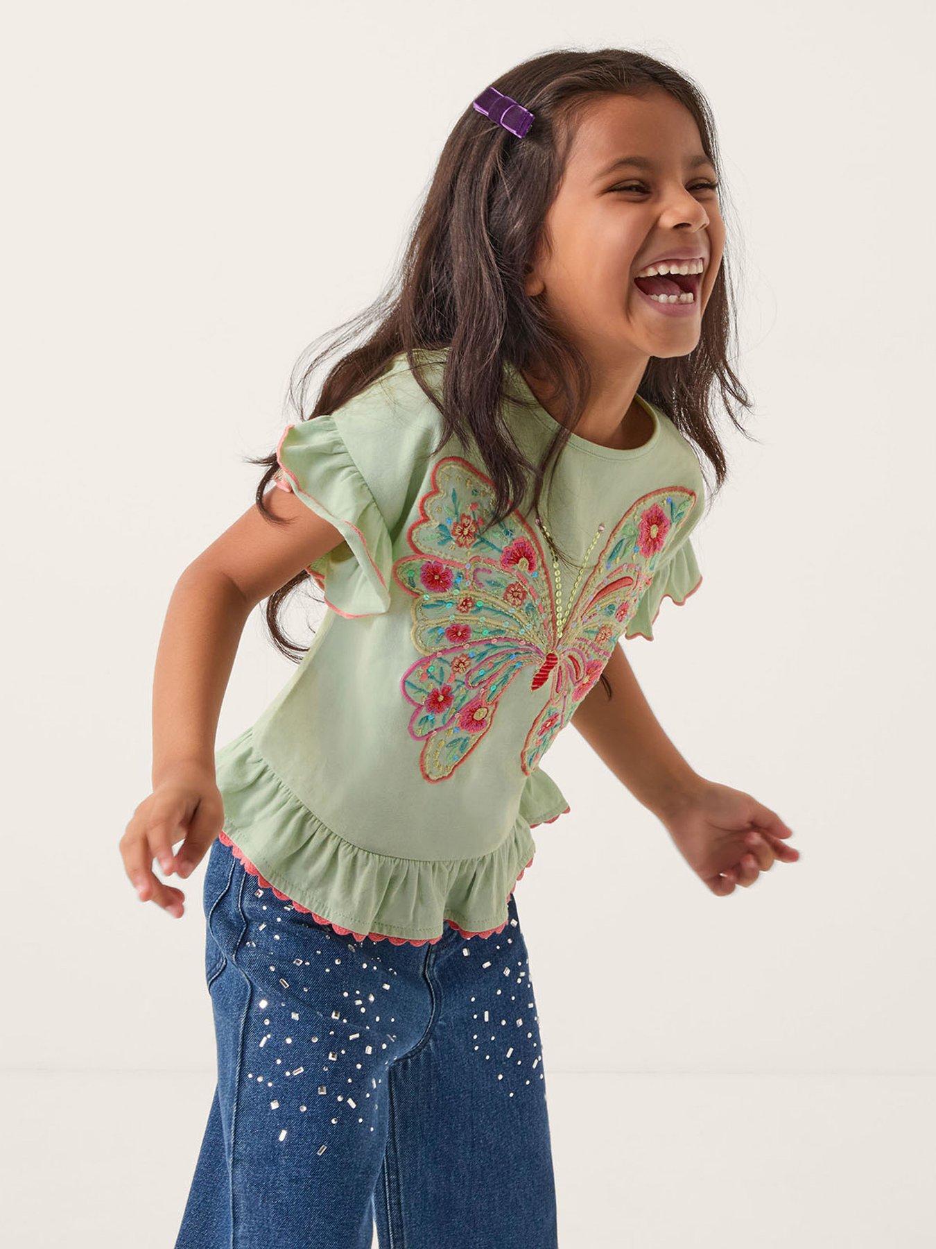 Monsoon Girls Short Sleeve Butterfly Embroidered Tshirt - Green