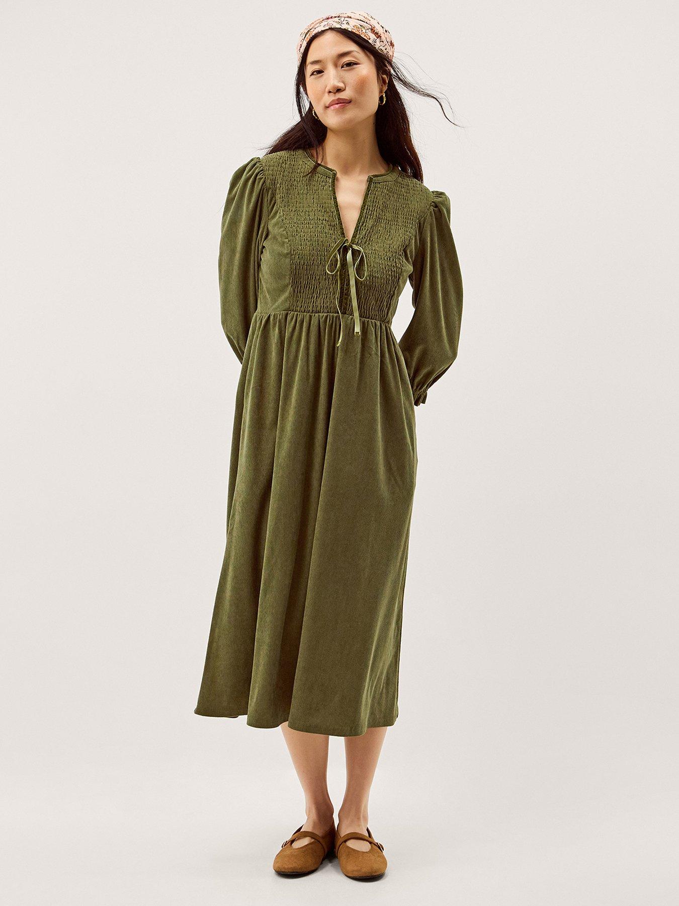 Monsoon Sara Smocked Corduroy Midi Dress Green - Green | Very