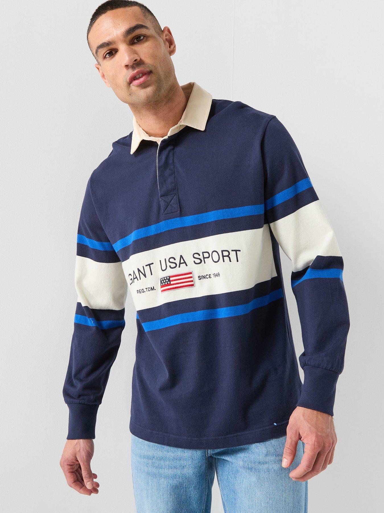 GANT: Striped Flag Rugger Long Sleeve Polo Shirt - Navy