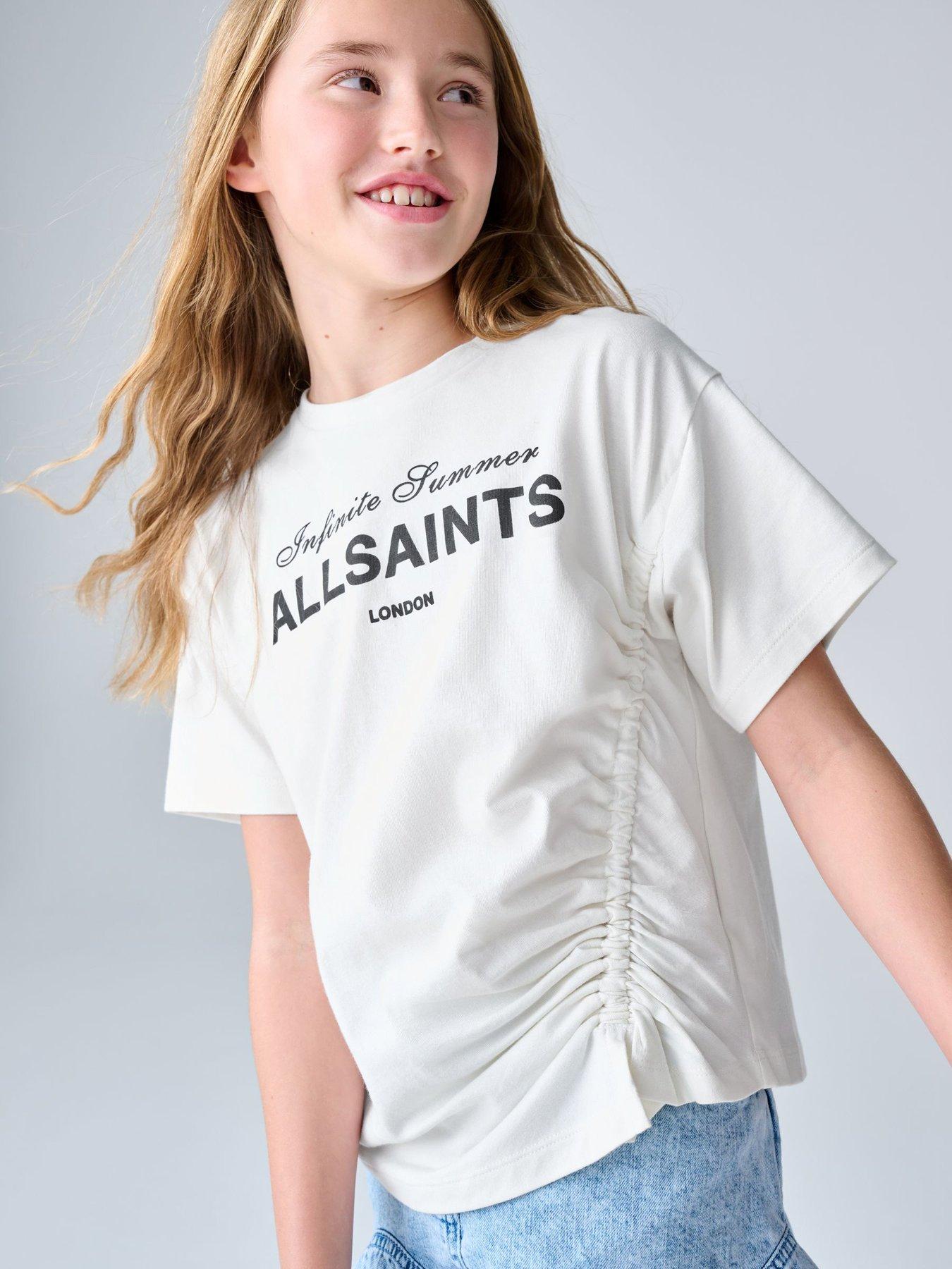 Image 1 of 6 of smALLSAINTS Older Girls Logo Ruched T-Shirt - White