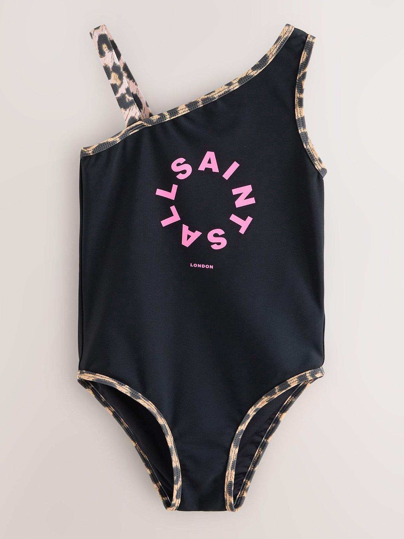 smALLSAINTS: Older Girls Leopard Print Trim Logo Swimsuit - Black