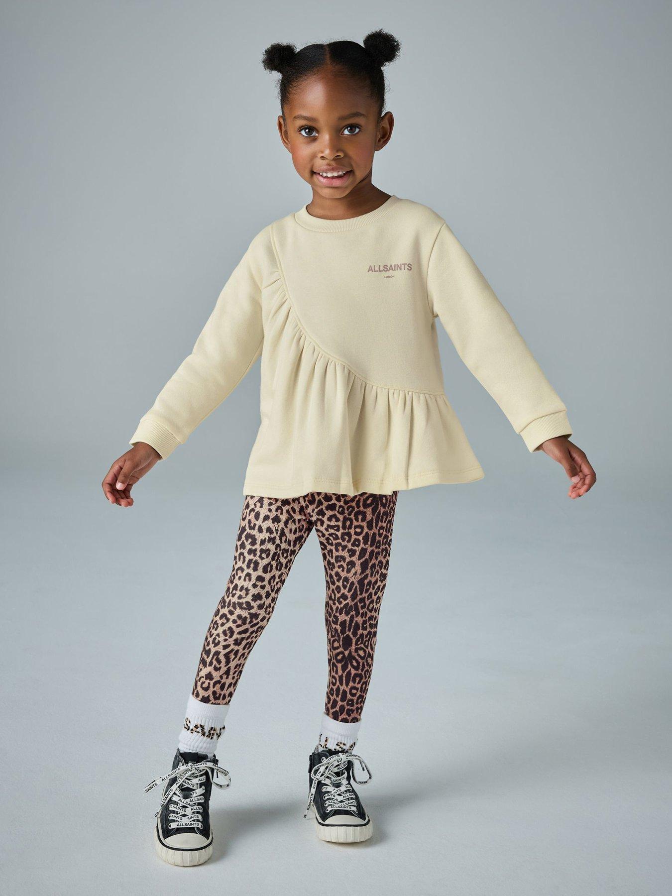 smALLSAINTS Girls Frill Sweatshirt And Leopard Print Leggings Set, Light Yellow, Size Age: 1.5-2 Years