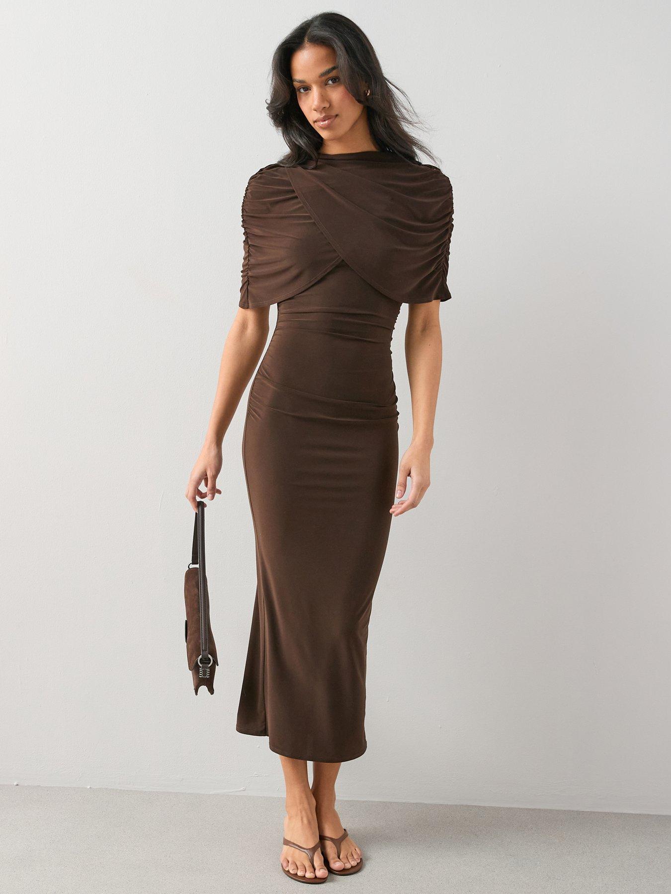 The Very Collection Cape Detail Ruched Midaxi Dres - Brown
