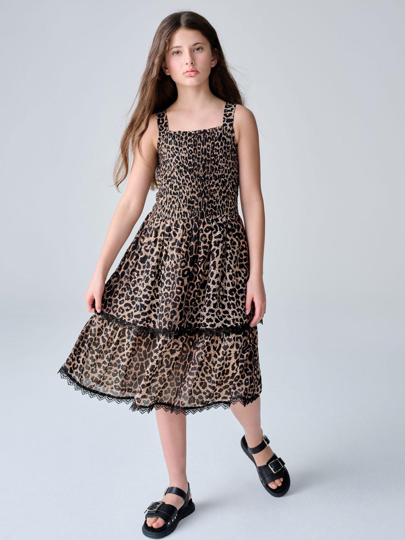 smALLSAINTS Girls Leopard Print & Tier Dress, Brown, Size 10-11 Years