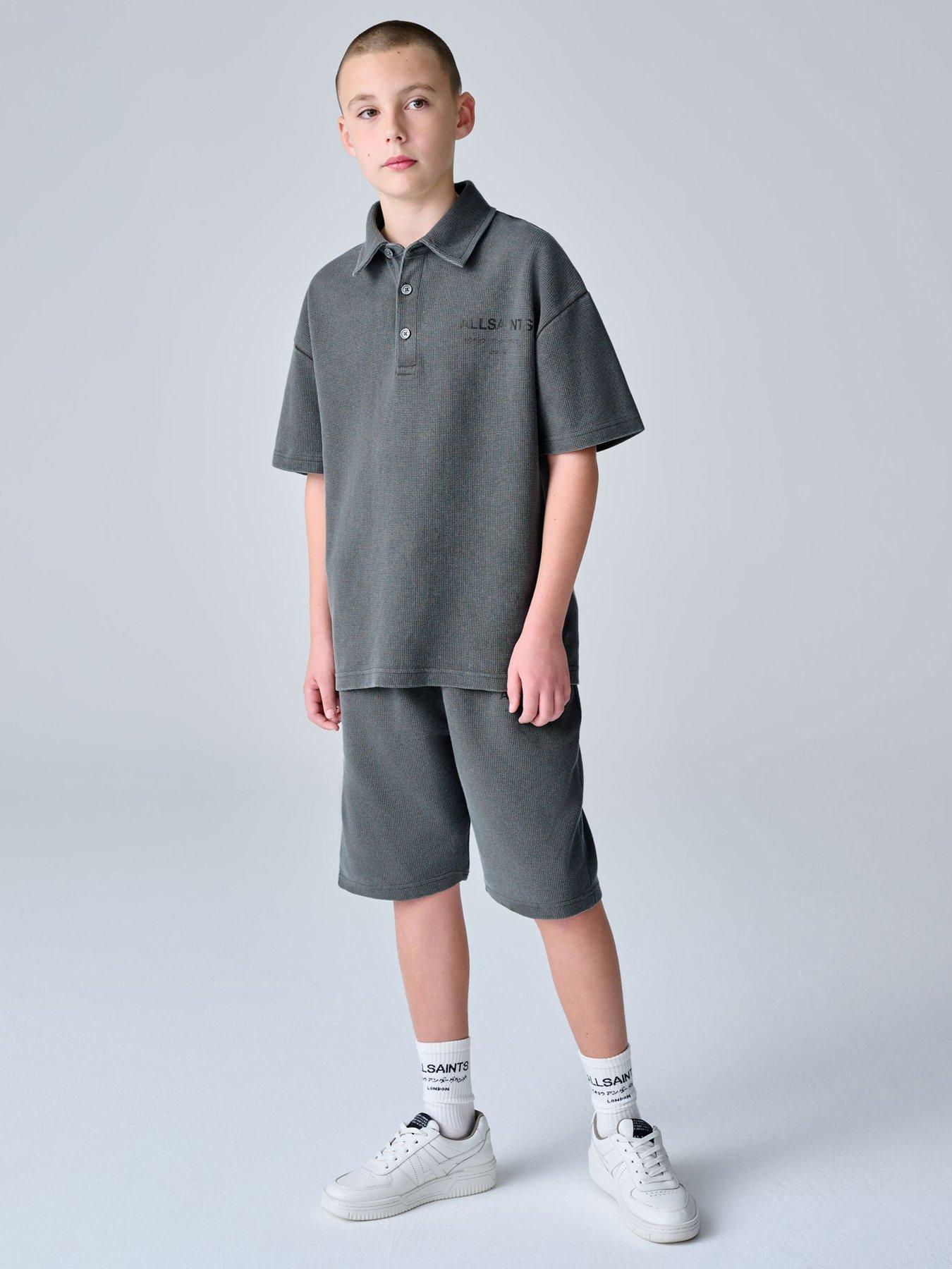 Image 1 of 7 of smALLSAINTS Older Boys&nbsp;Waffle Textured Polo T-Shirt &amp; Short&nbsp;Set - Grey