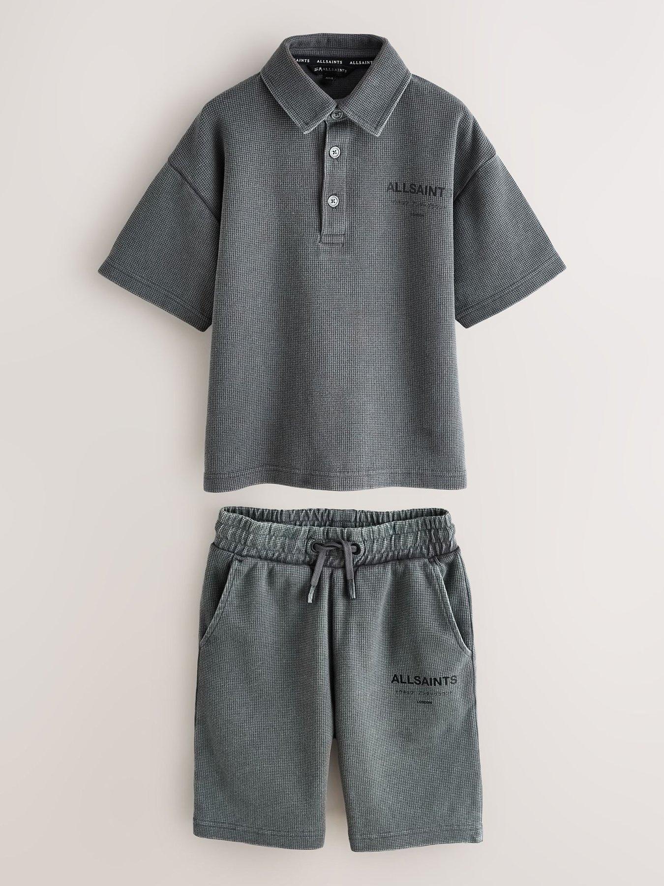 Image 2 of 7 of smALLSAINTS Older Boys&nbsp;Waffle Textured Polo T-Shirt &amp; Short&nbsp;Set - Grey