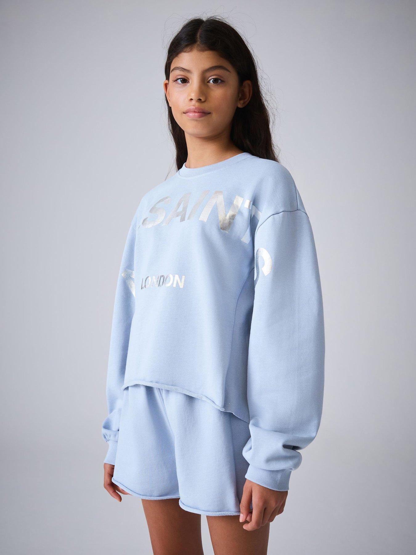 smALLSAINTS Older Girls Logo Sweatshirt & Shorts Set, Blue, Size Age: 7-8 Years