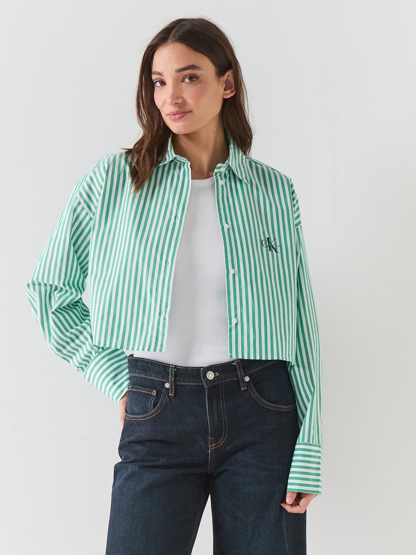 Calvin Klein Cropped Poplin Striped Shirt - Green