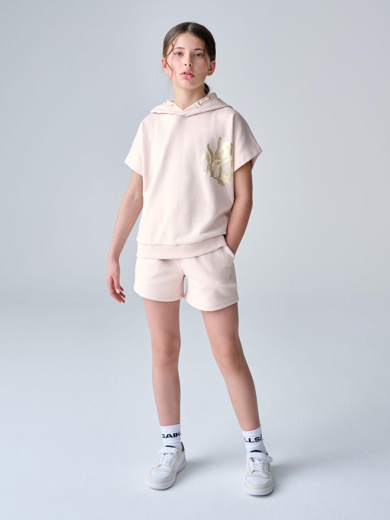 smALLSAINTS Older Girls Orlando Back Print Oversized Short Sleeve Hoodie Set, Pink, Size Age: 10-11 Years