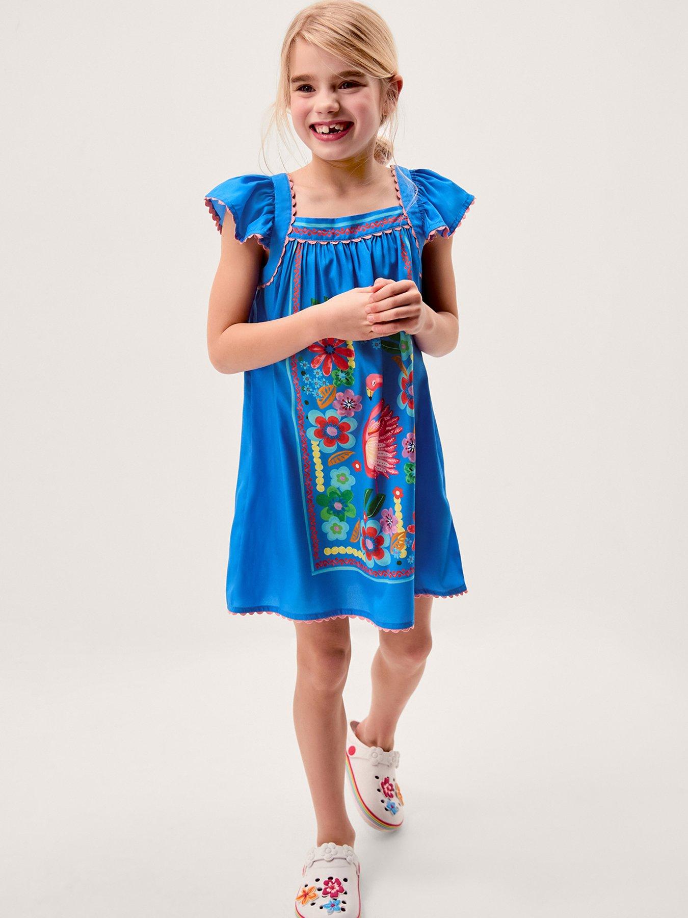 Monsoon Girls Flamingo Border Dress - Blue