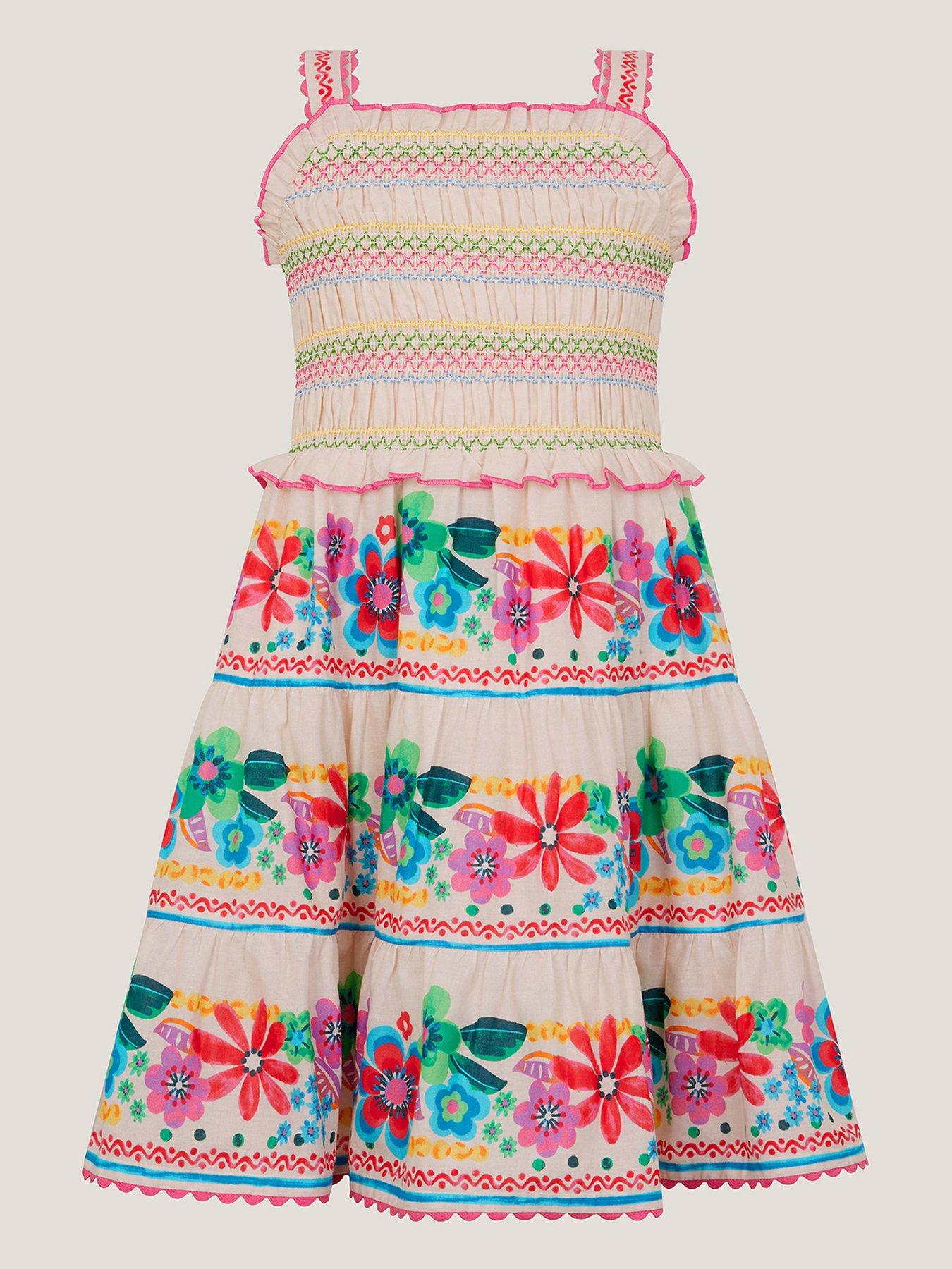 Monsoon Girls Shirred Flower Dress - White