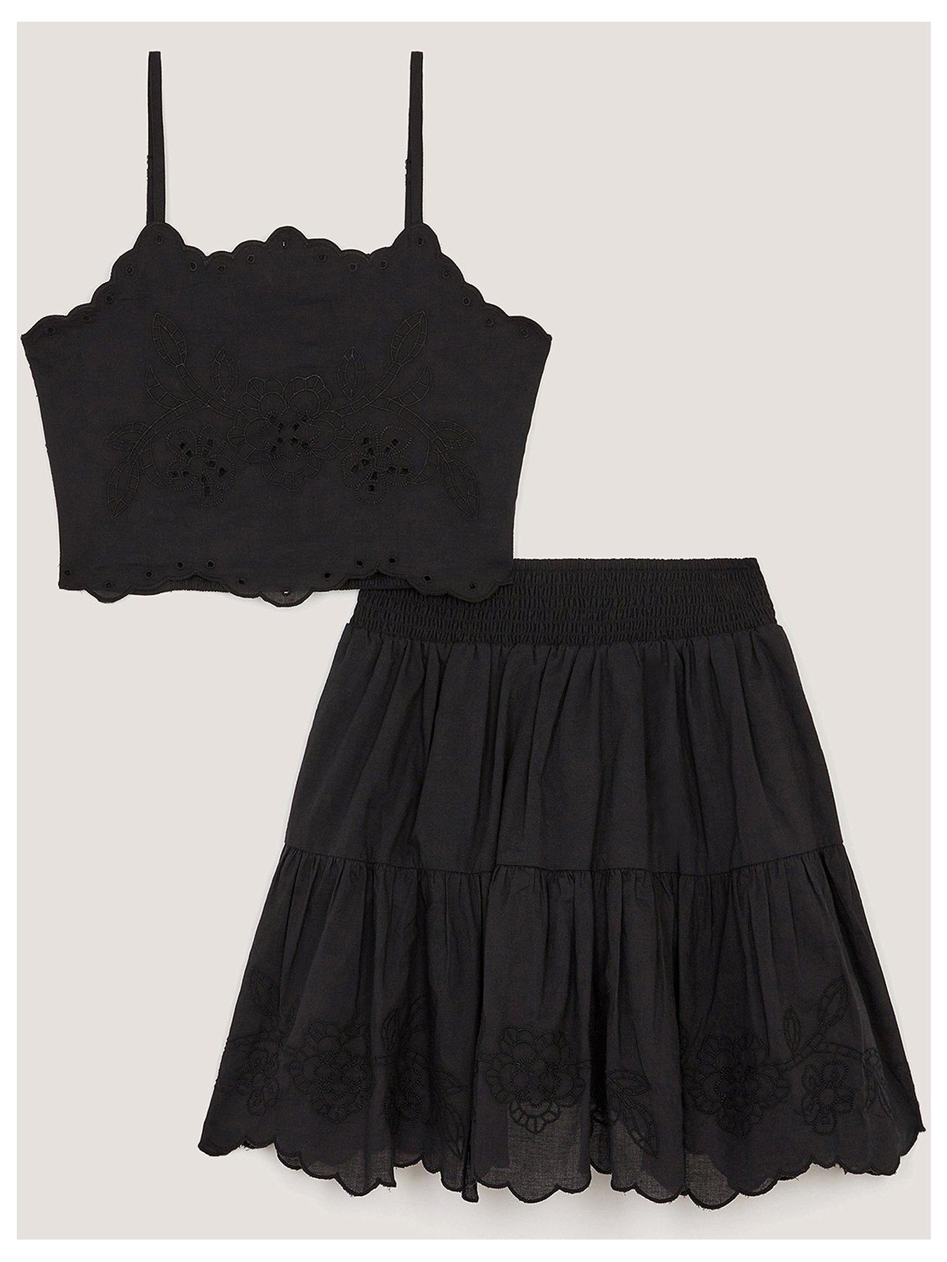 Monsoon Girls Storm Embroidered Top and Skirt Set - Black