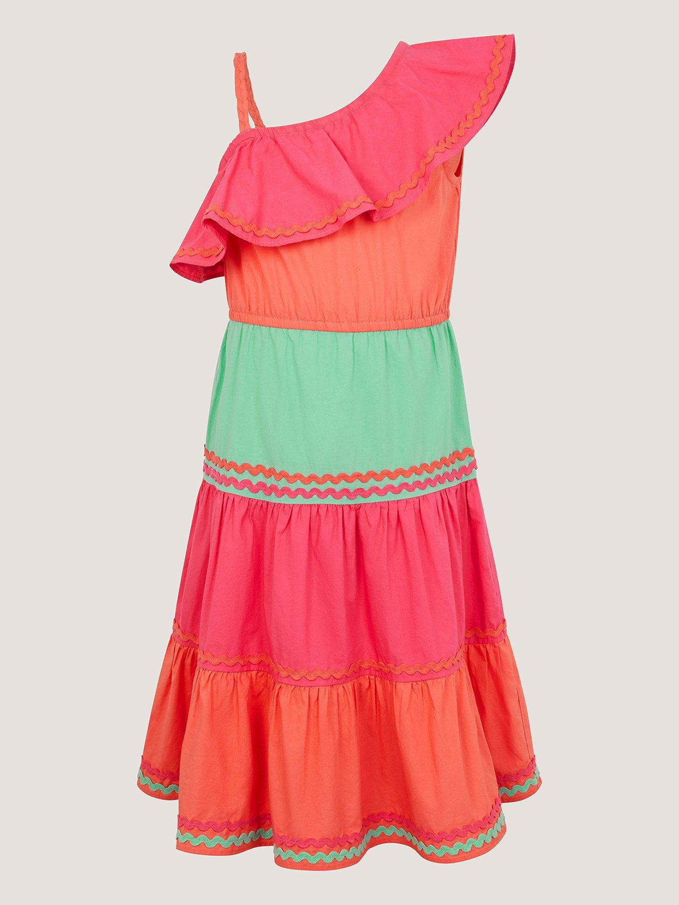 Monsoon Girls Colourblock One Shoulder Dress, Multi, Size 5-6 Years