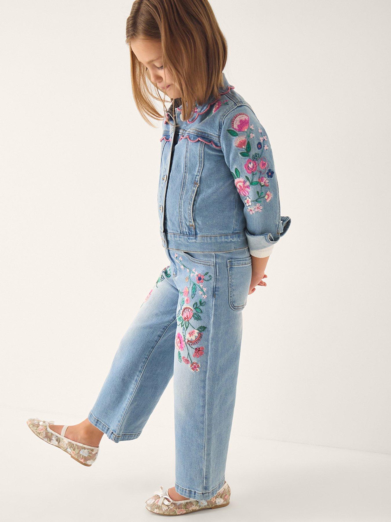 Monsoon Girls Frill Sequin Embroidered Wide Jeans, Blue, Size Age: 6 Years