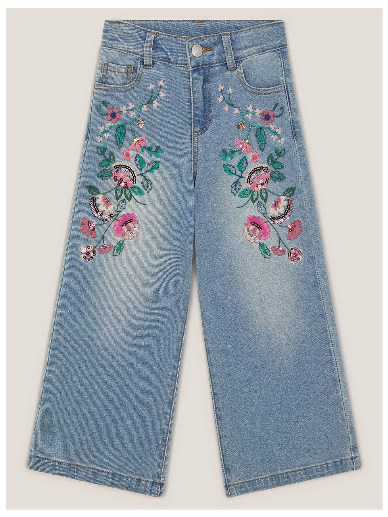 Image 2 of 4 of Monsoon Girls Frill Sequin Embroidered Wide Jeans - Blue