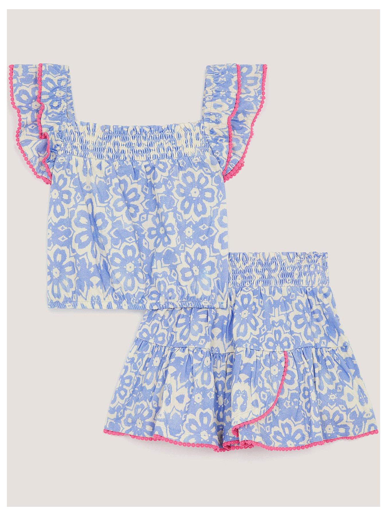 Monsoon Girls Batik Print Ruffle Top and Skirt Set - Navy