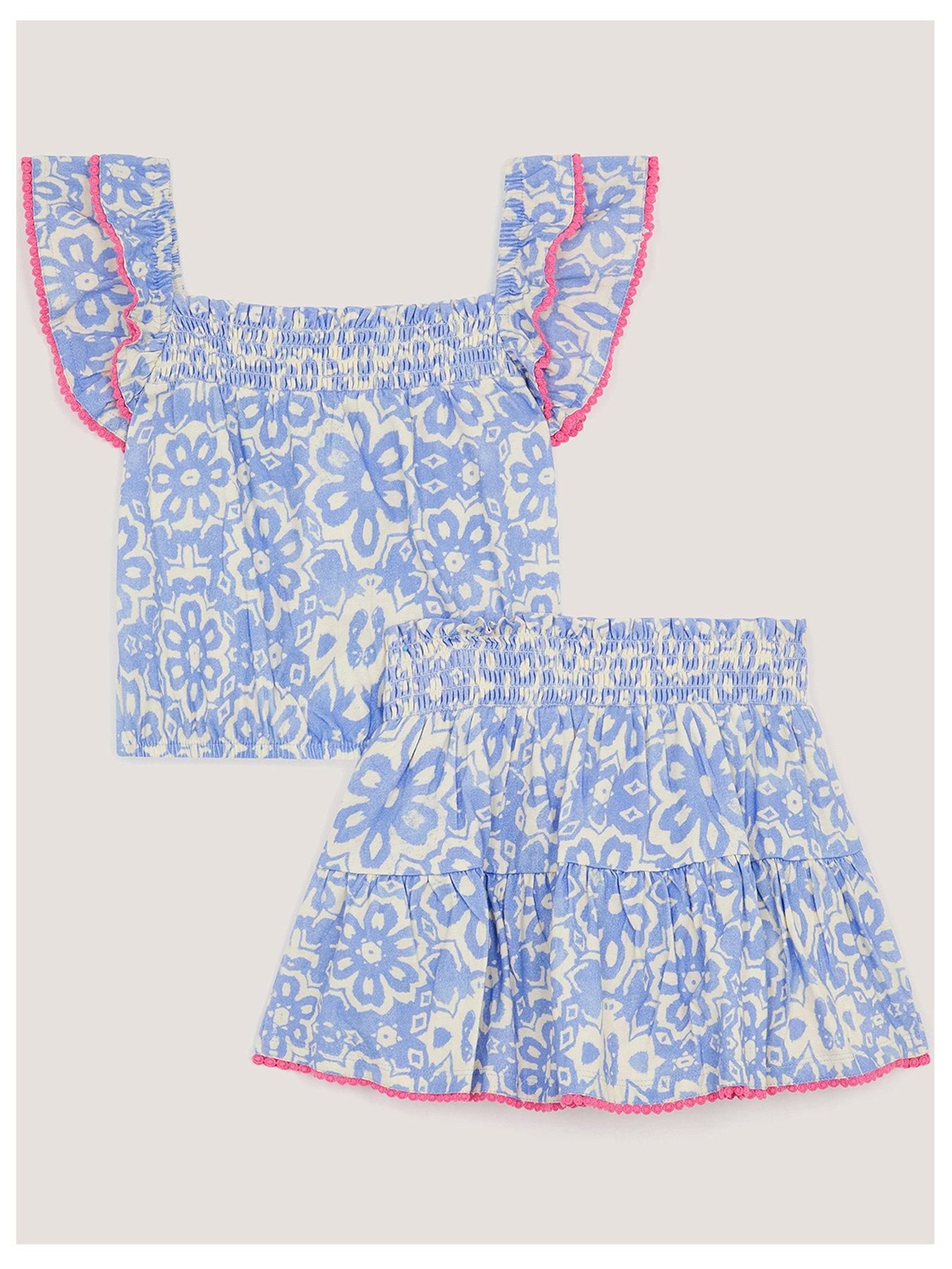Image 2 of 4 of Monsoon Girls Batik Print Ruffle Top and Skirt Set - Navy