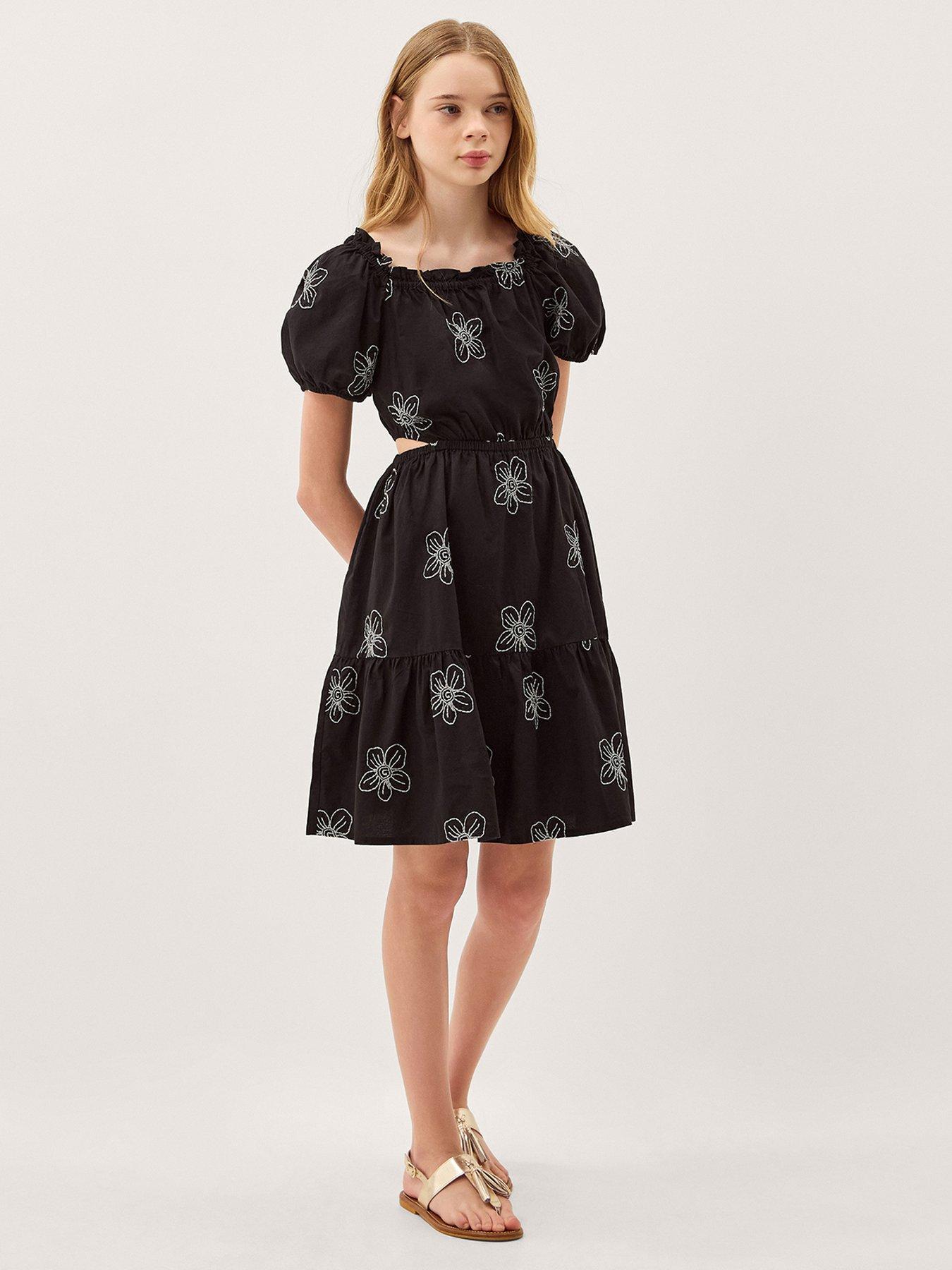 Monsoon Girls Storm Flower Embroidered Dress - Black