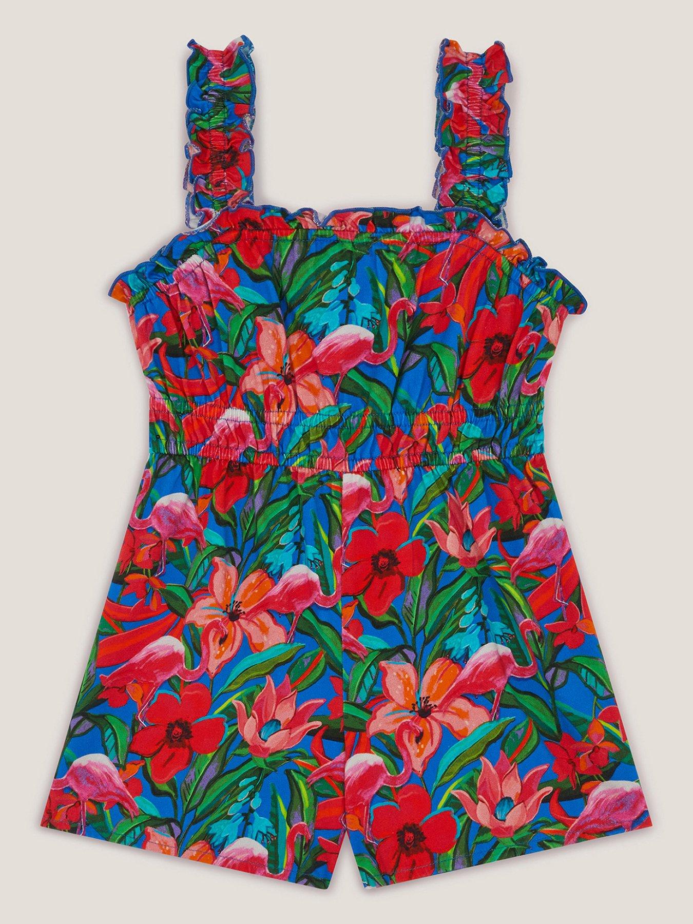 Monsoon Girls Flamingo Jersey Playsuit - Blue