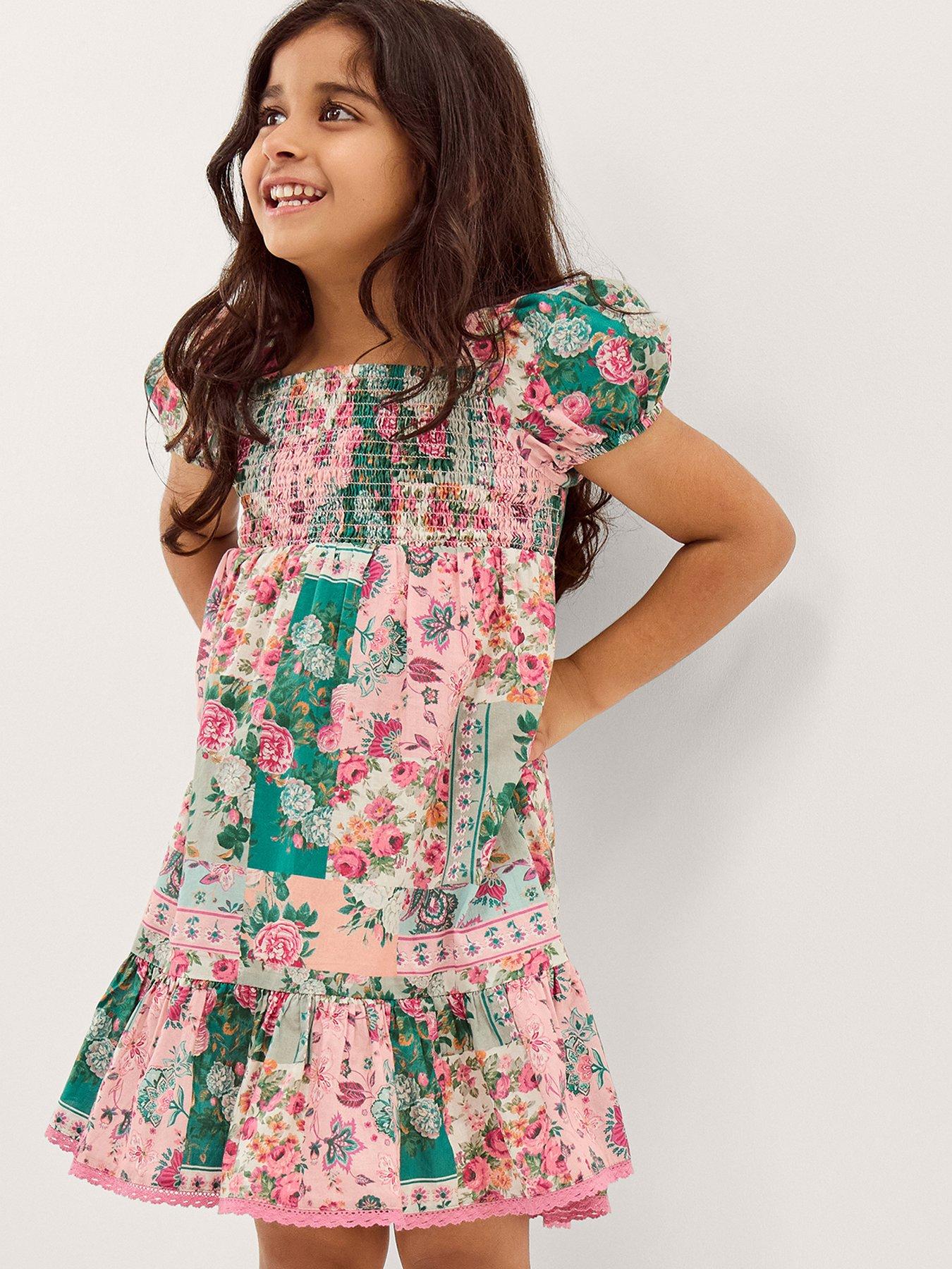 Monsoon Girls Patchwork Shirred Dress - Pink