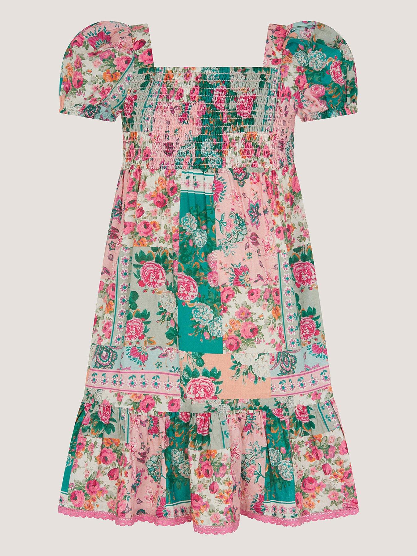 Image 2 of 4 of Monsoon Girls Patchwork Shirred Dress - Pink