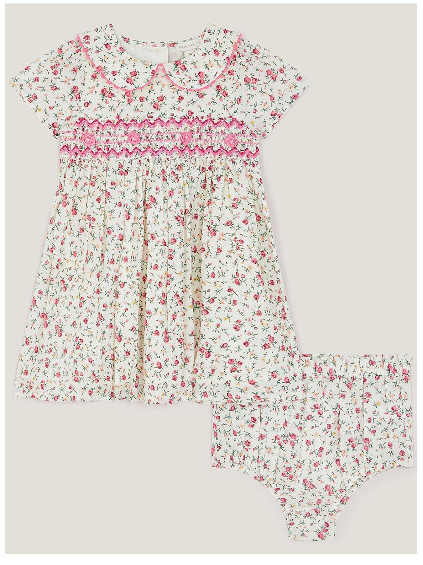 Monsoon Baby Girls Rosie Smock Dress  &  Knickers - Cream