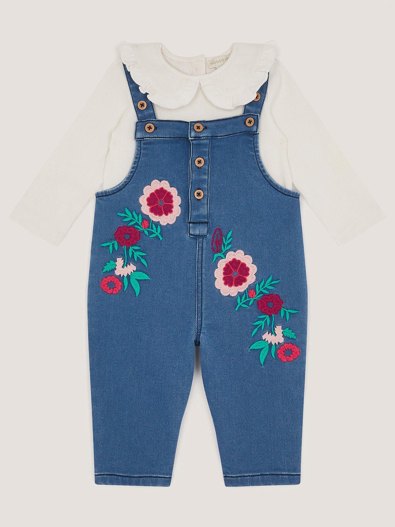 Monsoon Baby Girls Denim Dungarees  &  Rib T-Shirt - Blue