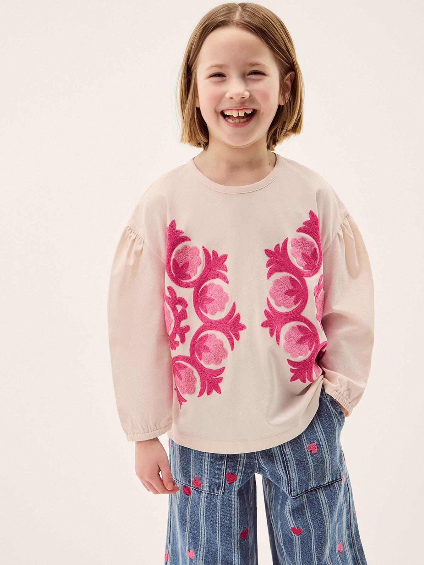 Monsoon Girls Long Sleeve Craft Chainstitch Tshirt, Cream, Size Age: 12-13 Years