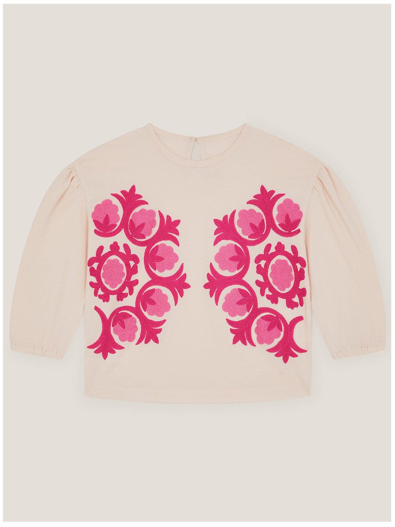 Image 1 of 3 of Monsoon Girls Long Sleeve Craft Chainstitch Tshirt - Cream