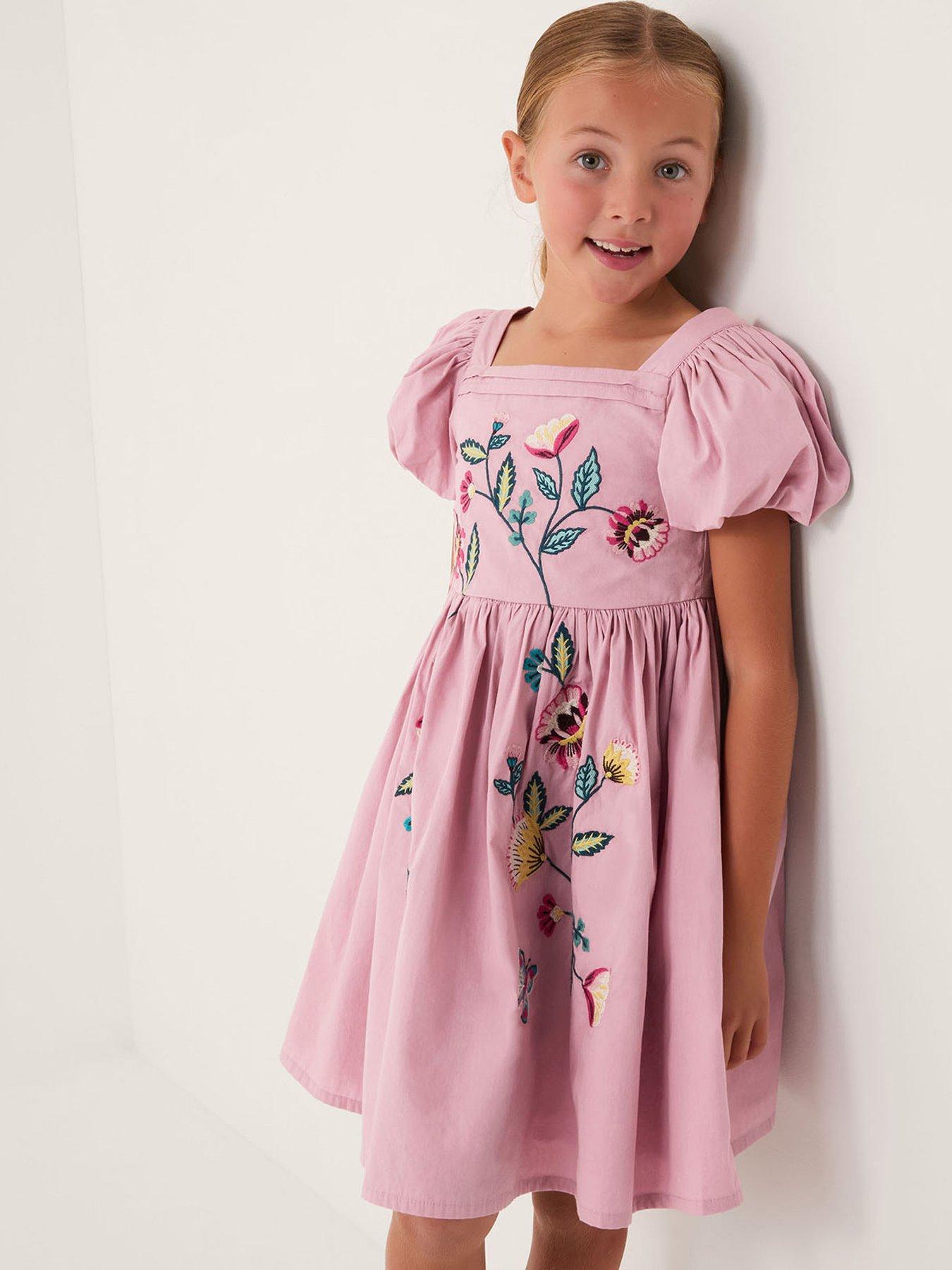 Monsoon Girls Pleated Embroidered Cotton Dress, Light Purple, Size 7-8 Years