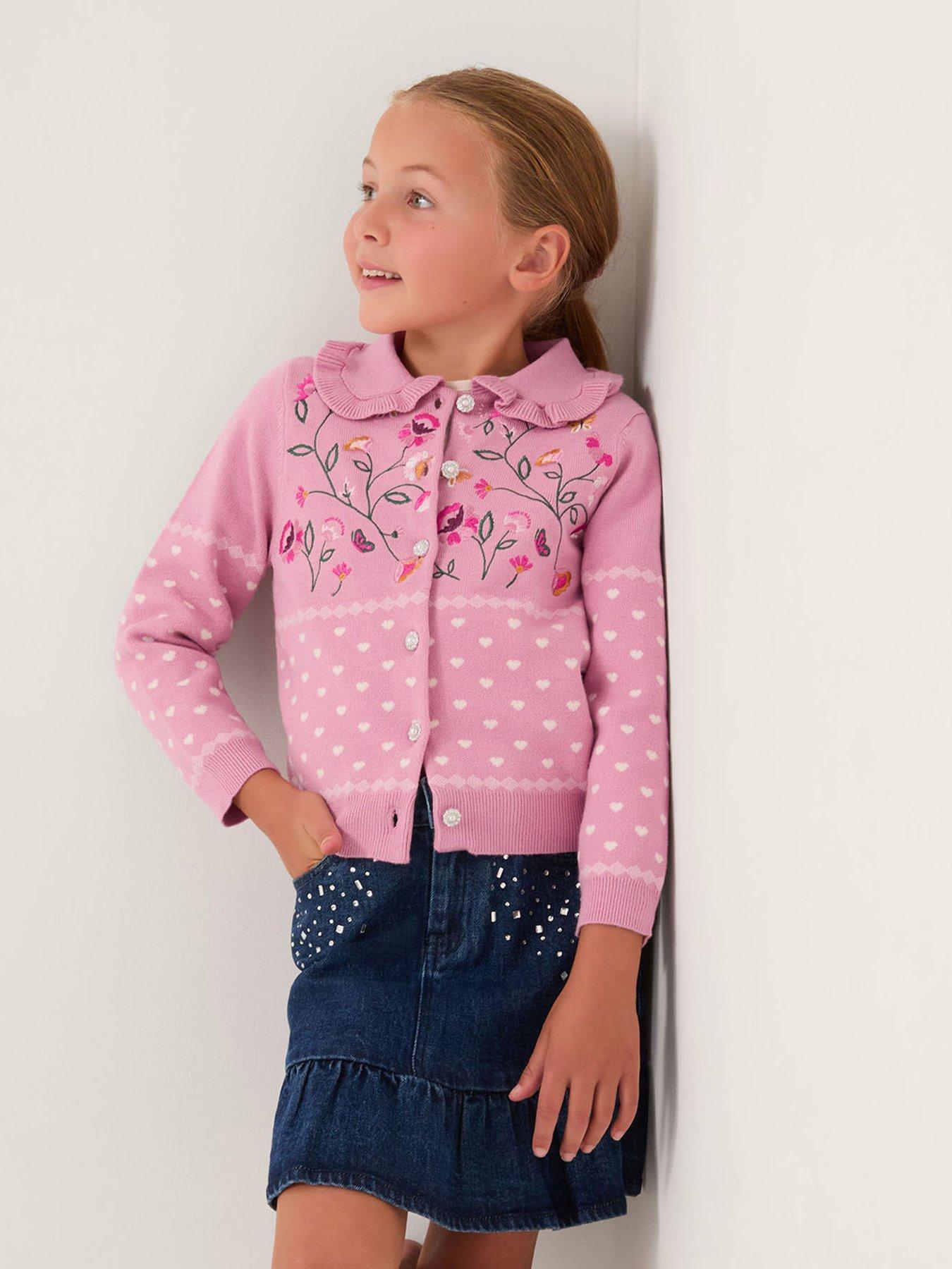 Monsoon Girls Floral Embroidered Knitted Cardigan, Pink, Size Age: 12-13 Years