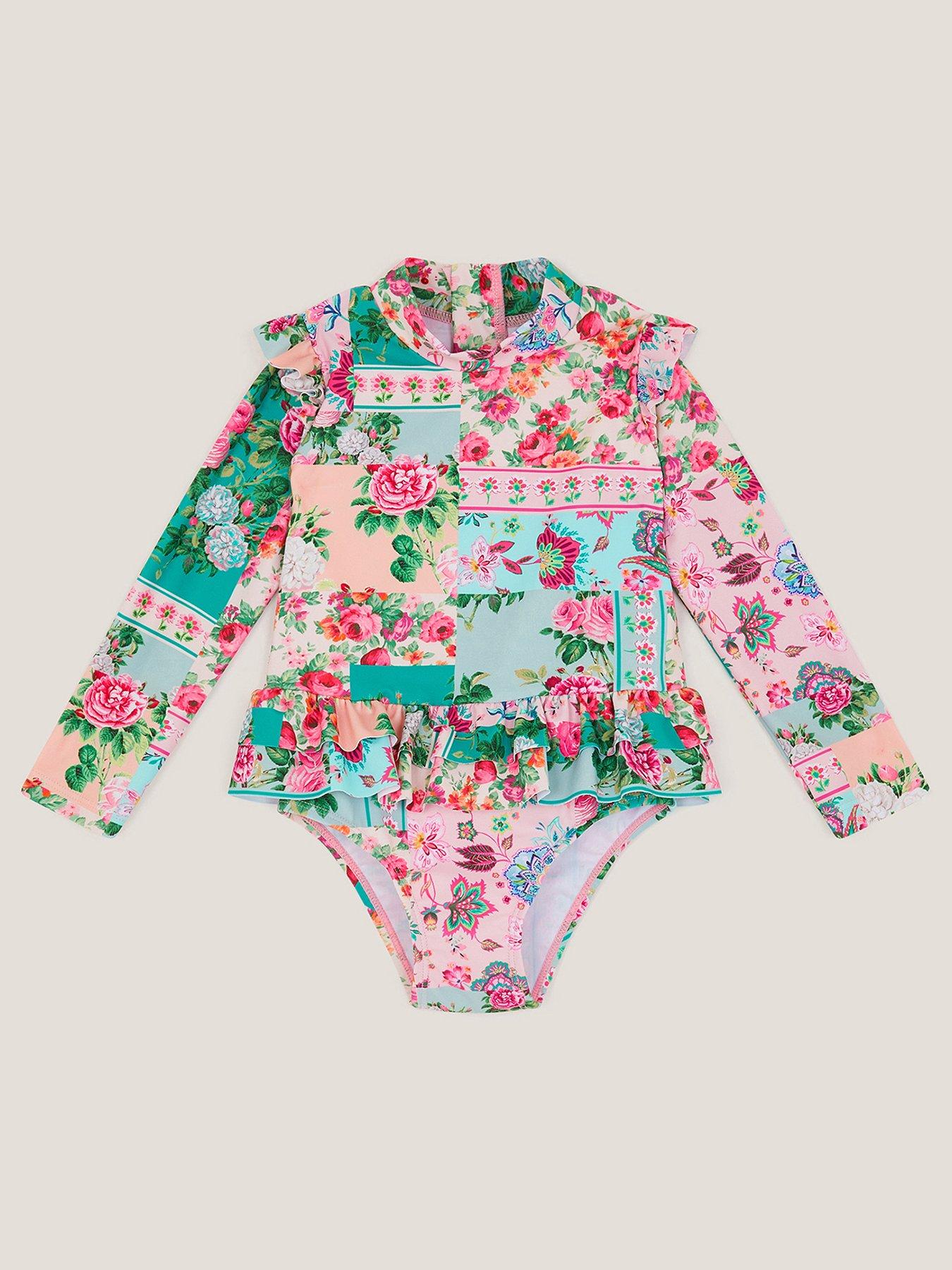 Image 1 of 3 of Monsoon Baby Girls Patchwork UPF One Piece Swimsuit- Green