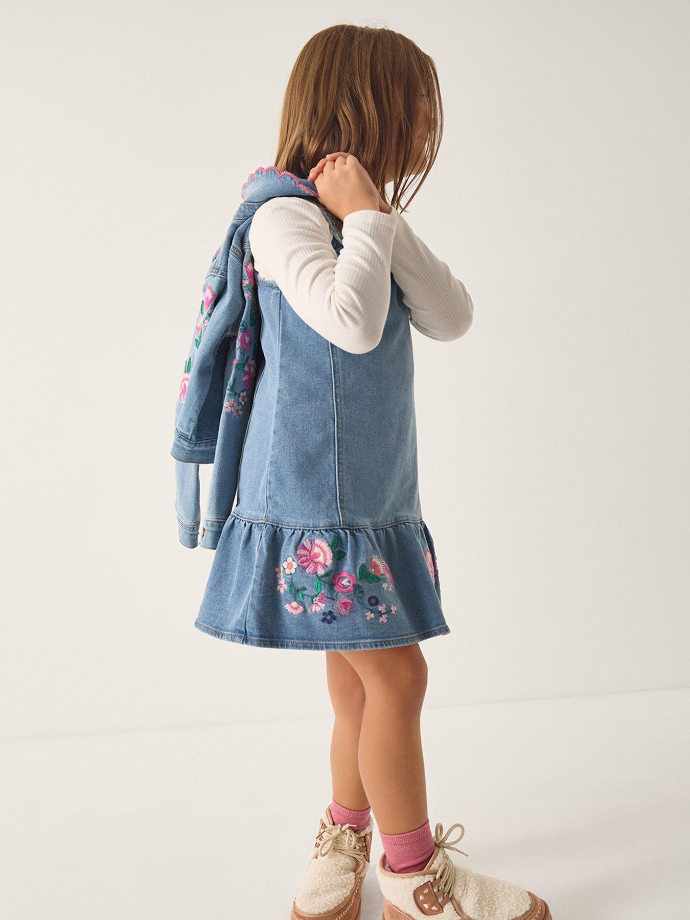 Monsoon Girls Embroidered Frill Pinny Dress - Blue