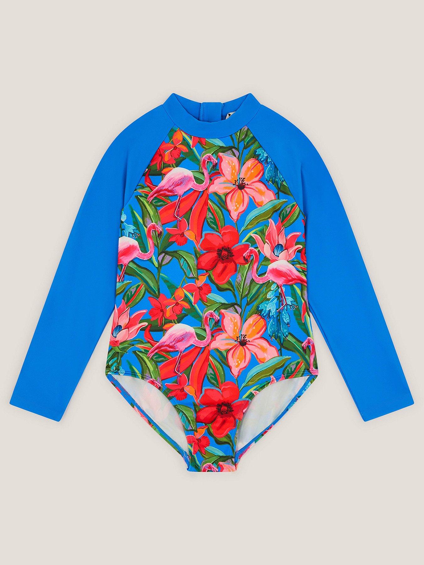Monsoon Girls Tropical Flamingo One Piece UPF Swimsuit, Blue, Size Age: 9-10 Years
