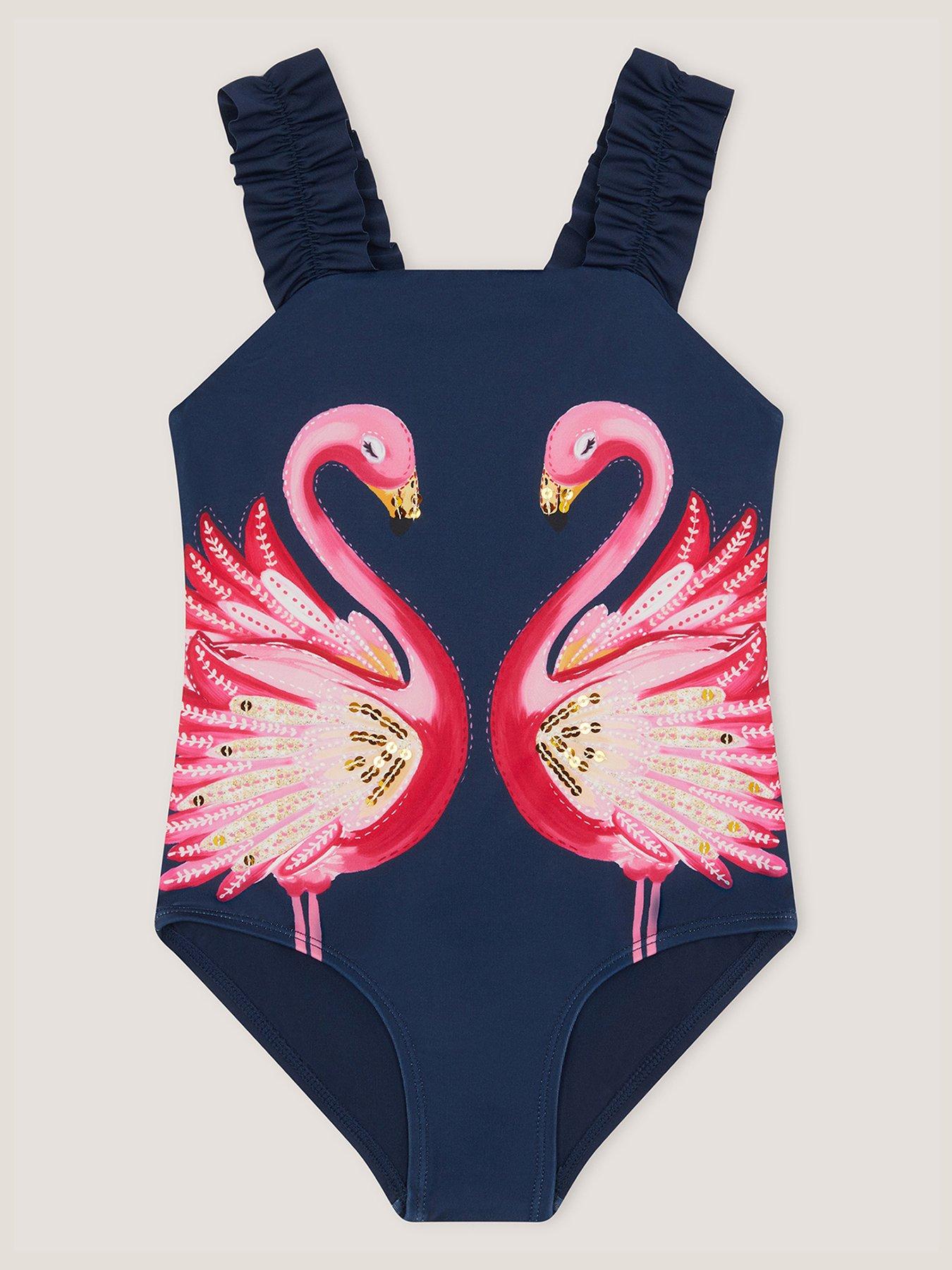 Monsoon Girls Flamingo Swimsuit, Navy, Size Age: 7-8 Years