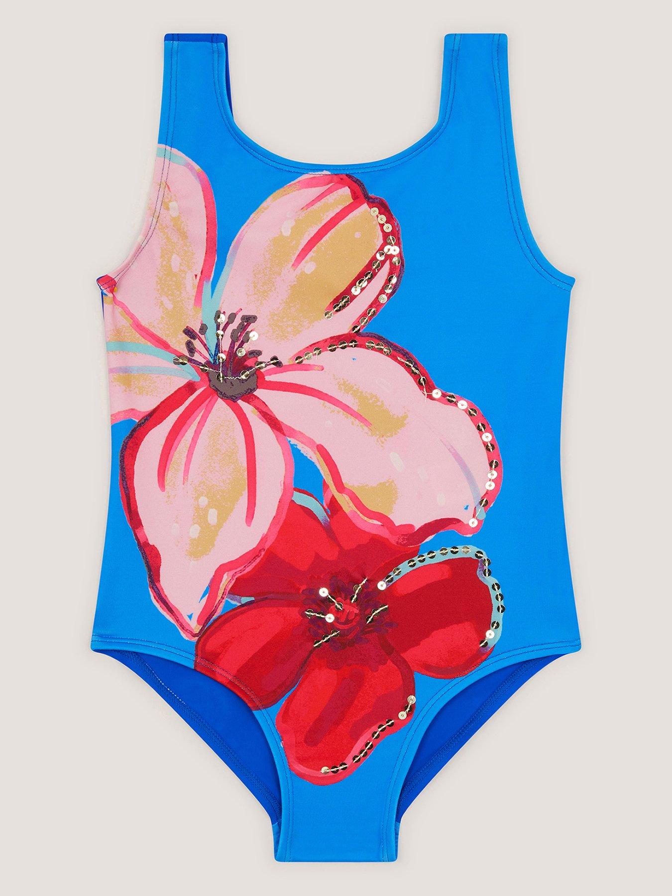 Monsoon Girls Flower Swimsuit, Blue, Size Age: 7-8 Years