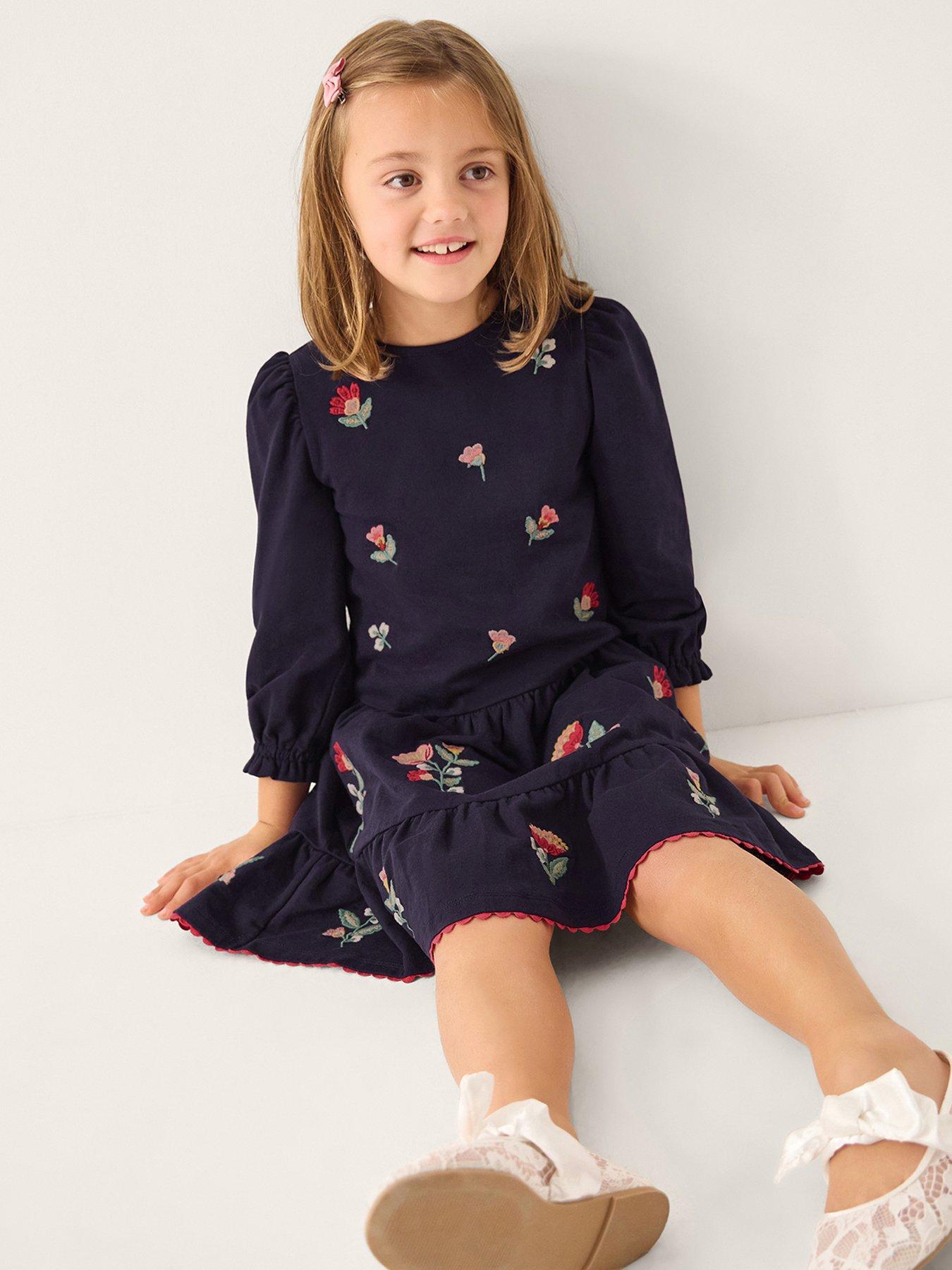 Monsoon Girls Floral Tiered Dress, Navy, Size 7-8 Years