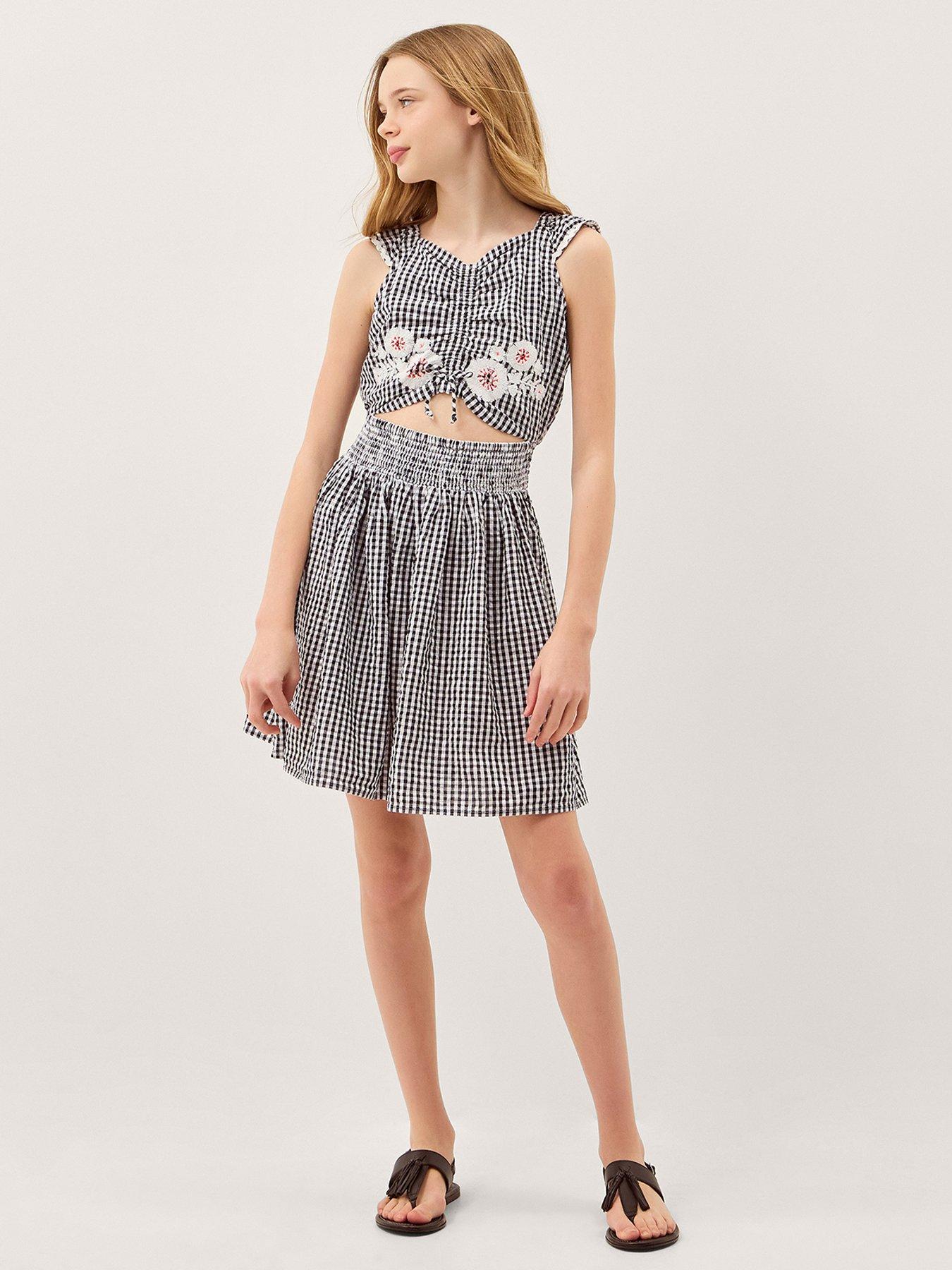 Monsoon Girls Storm Gingham Embroidered Dress - Black
