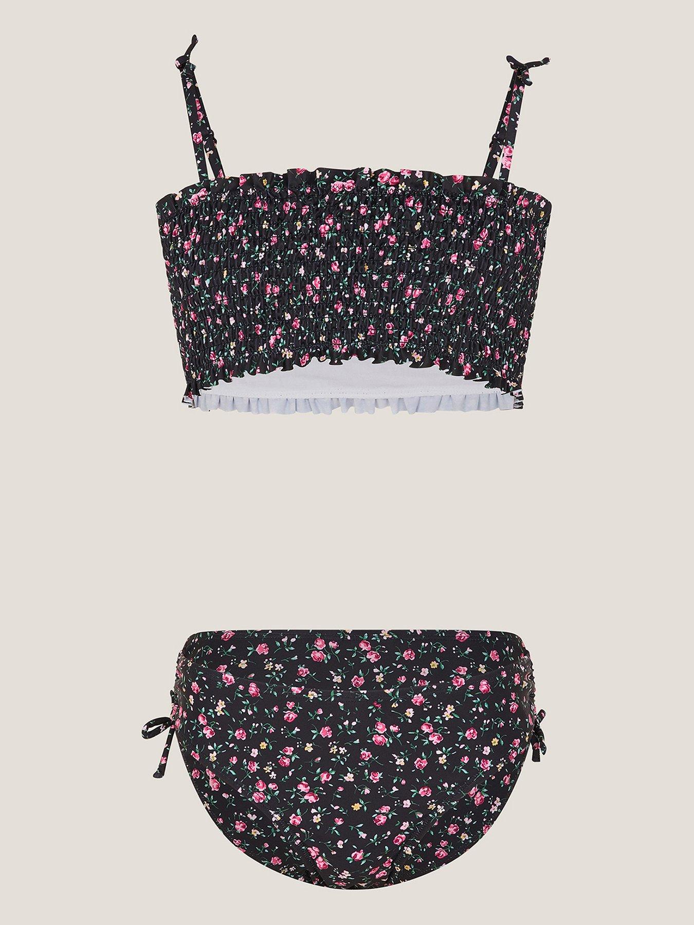 Monsoon Girls Storm Shirred Ditsy Bikini, Black, Size Age: 13-14 Years