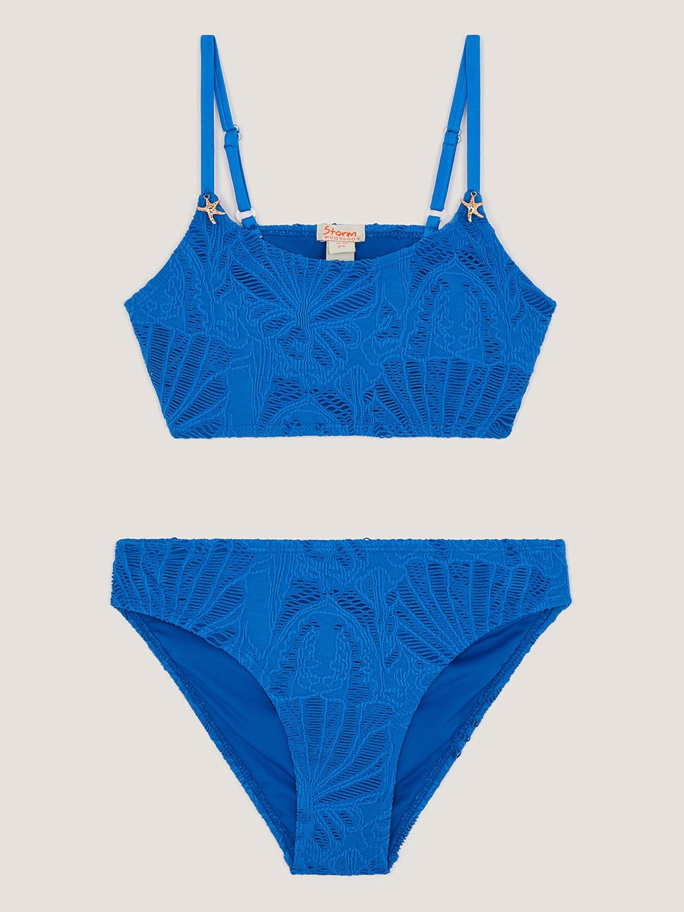 Monsoon Girls Storm Textured Bikini Set, Blue, Size Age: 13-14 Years