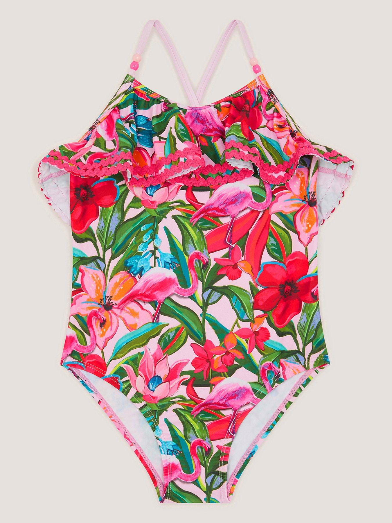 Monsoon Girls Tropical Flamingo Swimsuit, Pink, Size Age: 9-10 Years