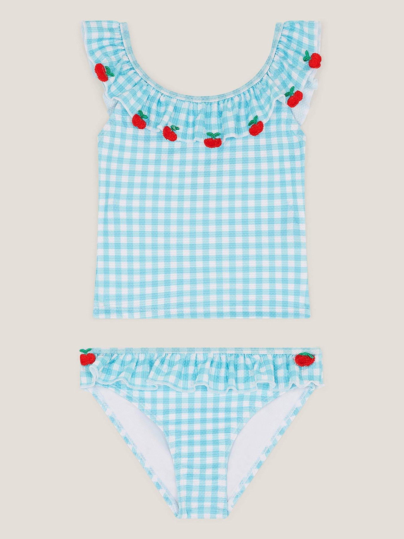 Monsoon Girls Gingham Tankini With Embroidery - Green