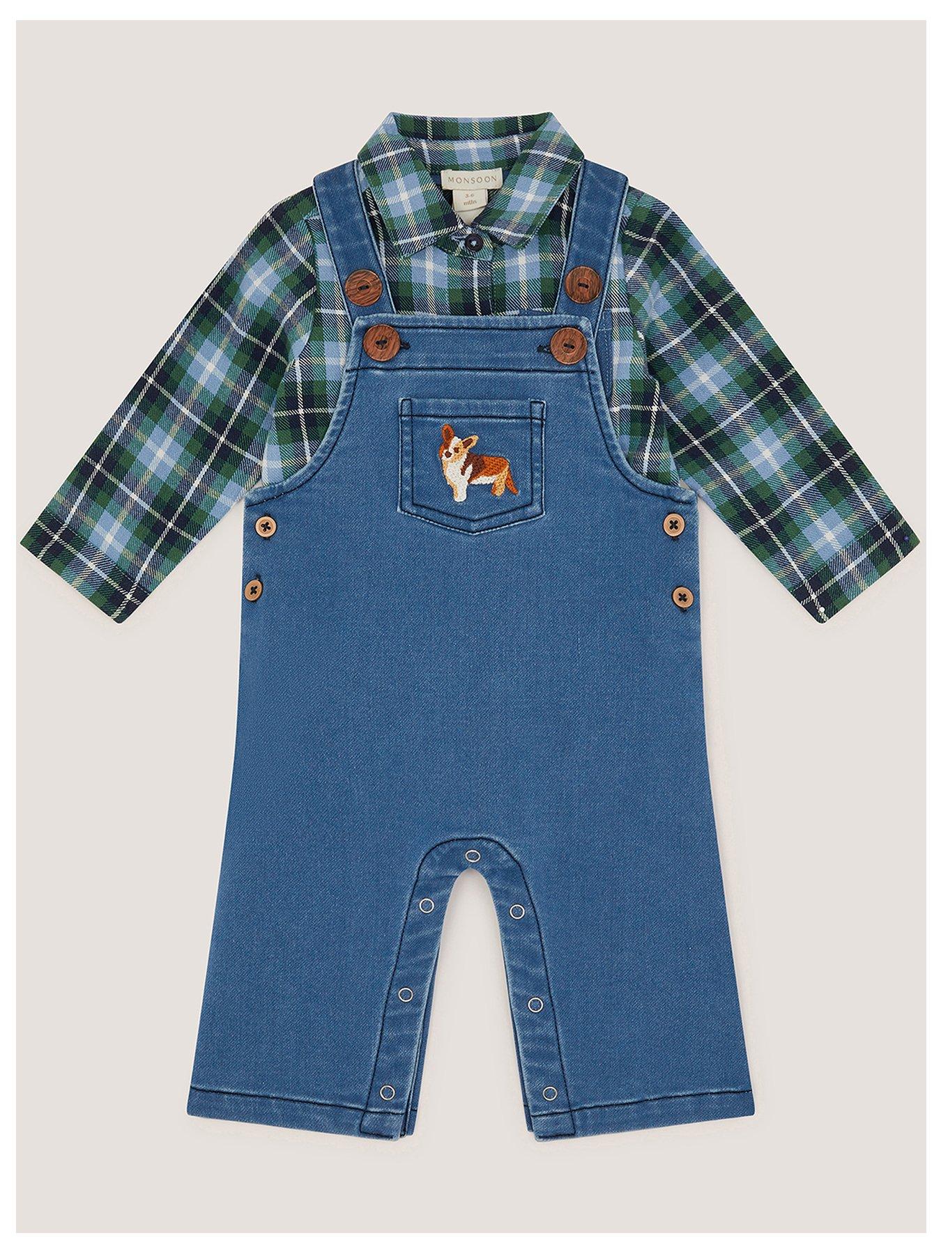 Monsoon Baby Boys Digby Dungaree  &  Shirt Set - Navy
