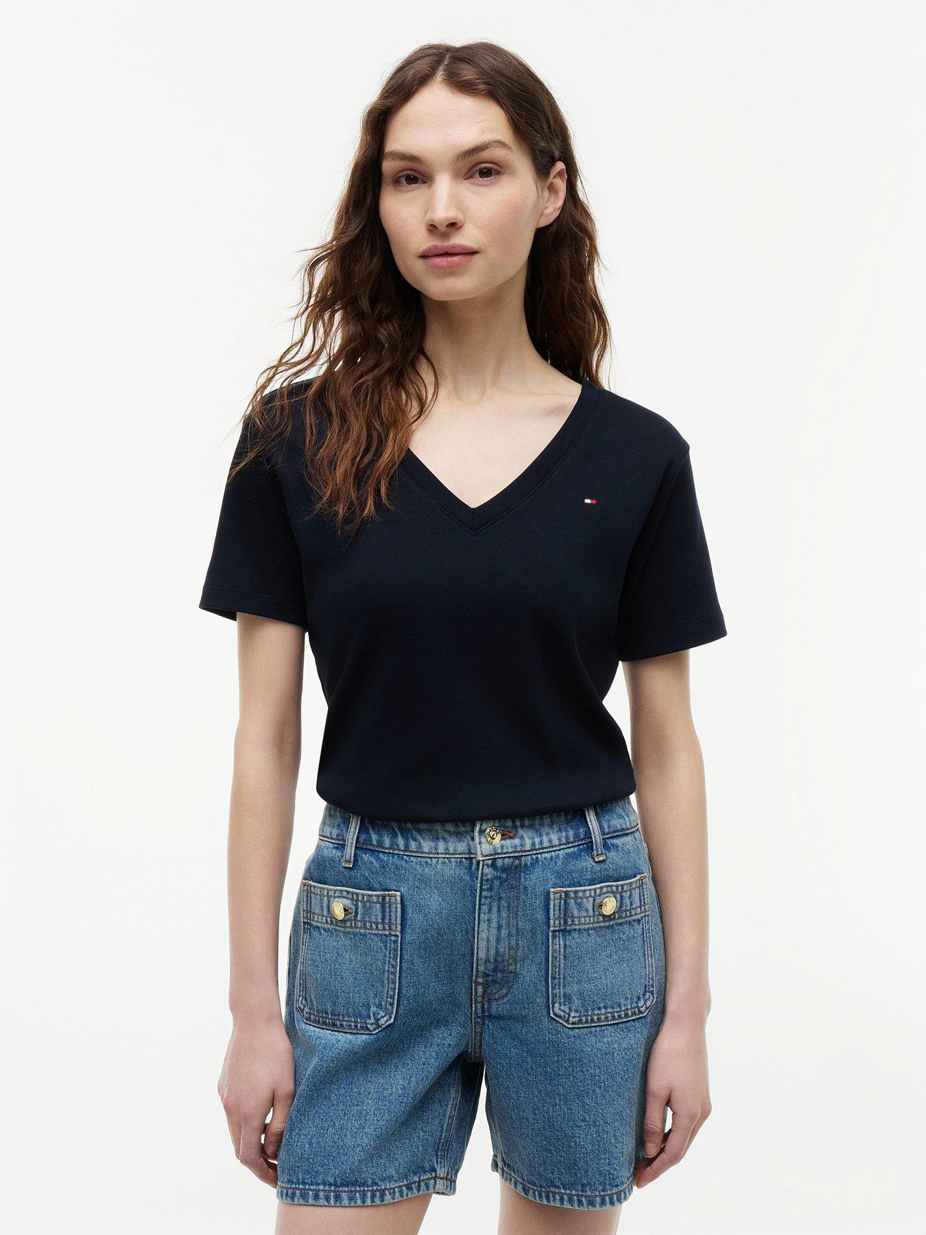 Tommy Hilfiger New Slim Cody V-Neck Short Sleeve, Navy, Size L, Women