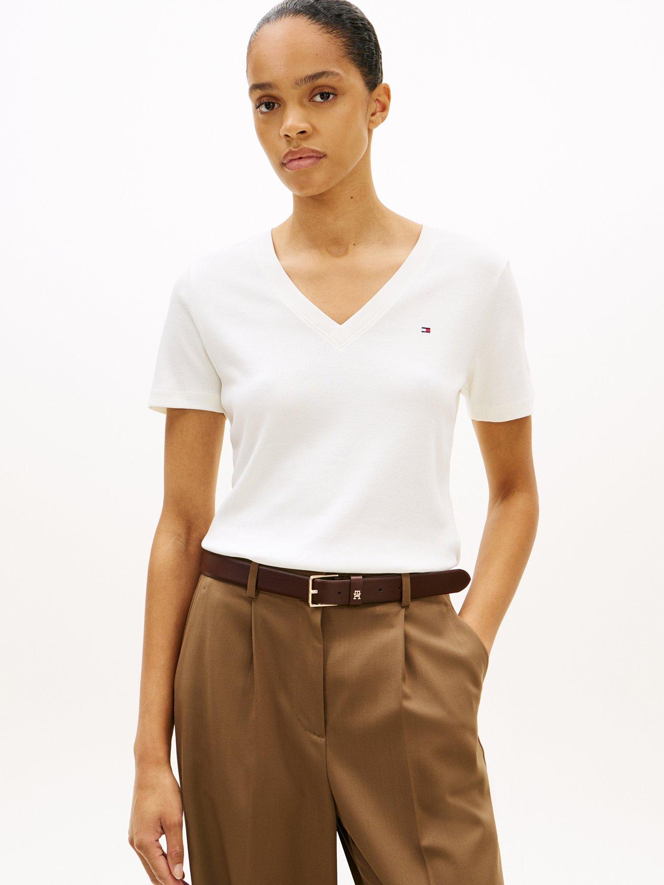 Tommy Hilfiger Slim V-neck Short Sleeve T-shirt, White, Size Xl, Women