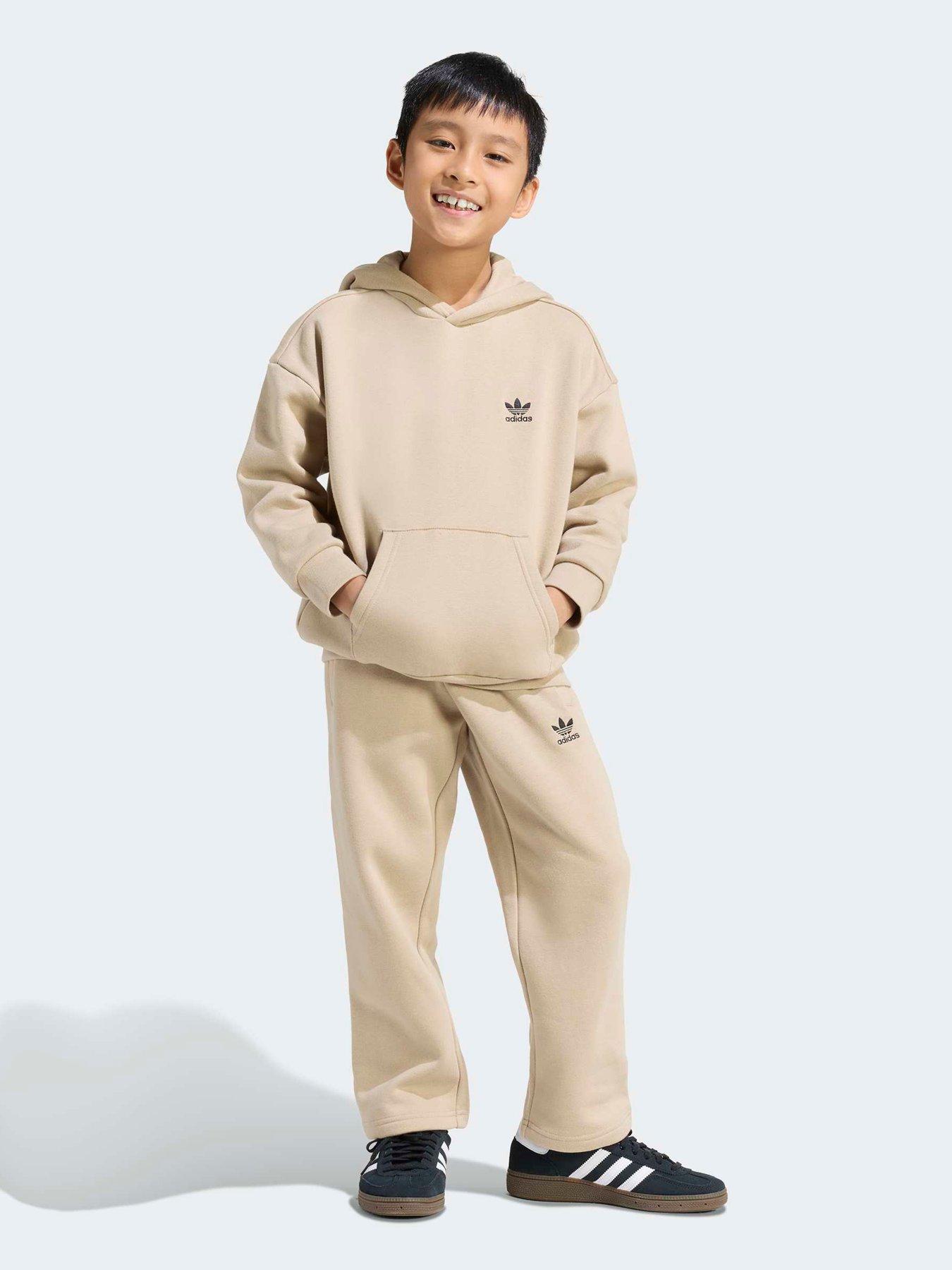 adidas Originals: Kids Unisex Oversized Hoodie Open Hem Pants Set - Beige