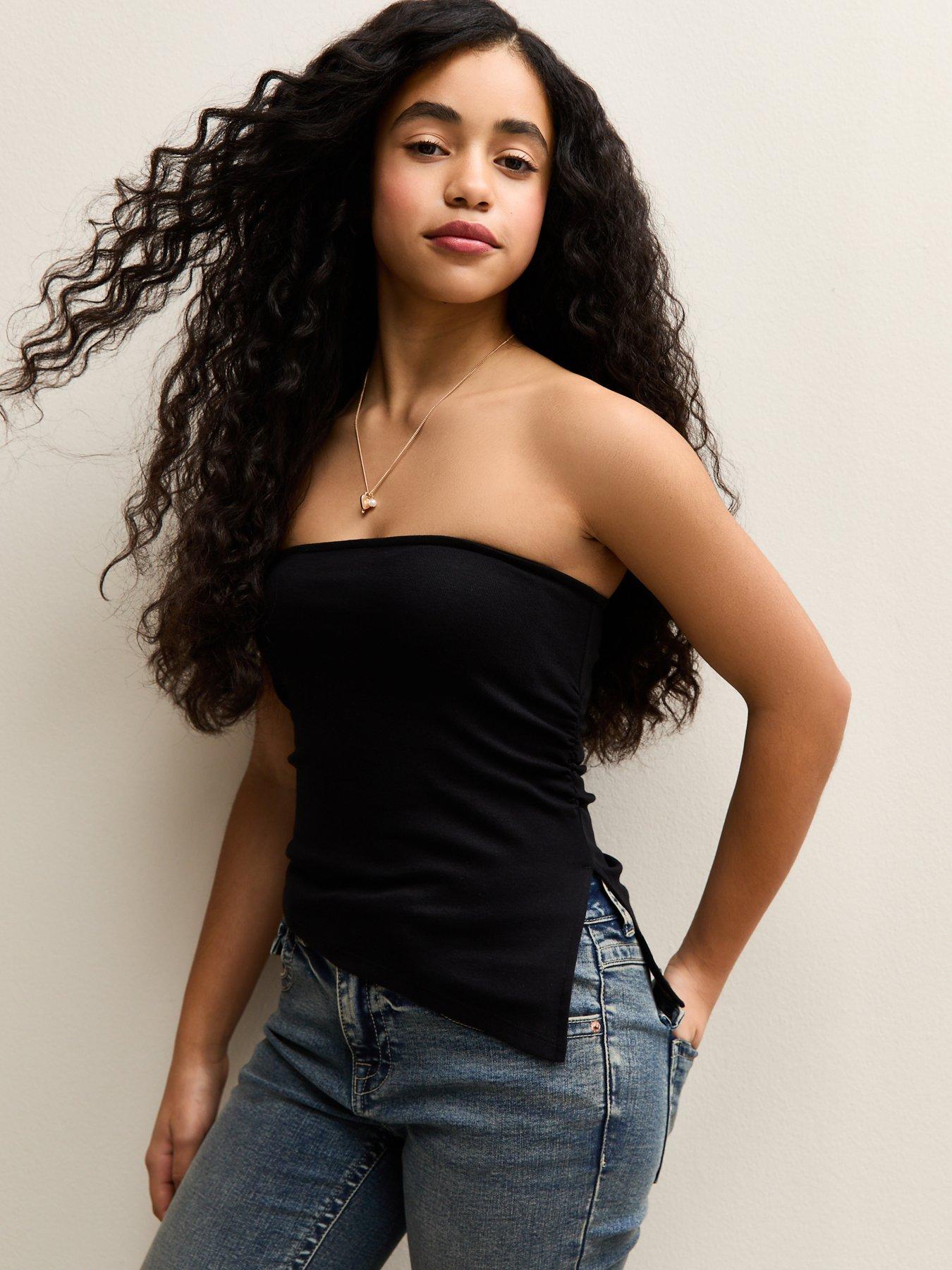 New Look 915 Girls Asymmetric Ruched Side Bandeau Top - Black