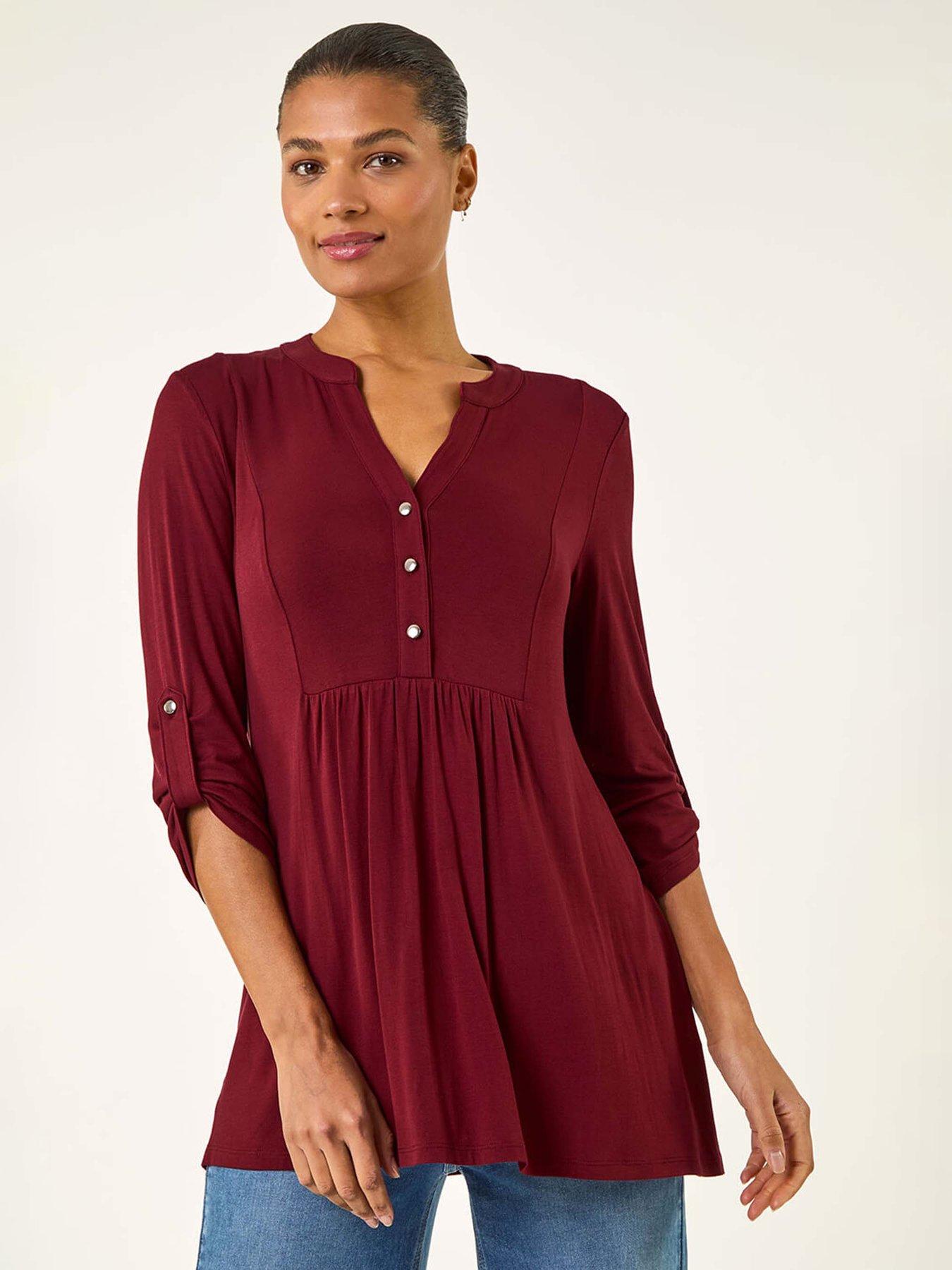 Roman Button Detail Tunic Top - Red